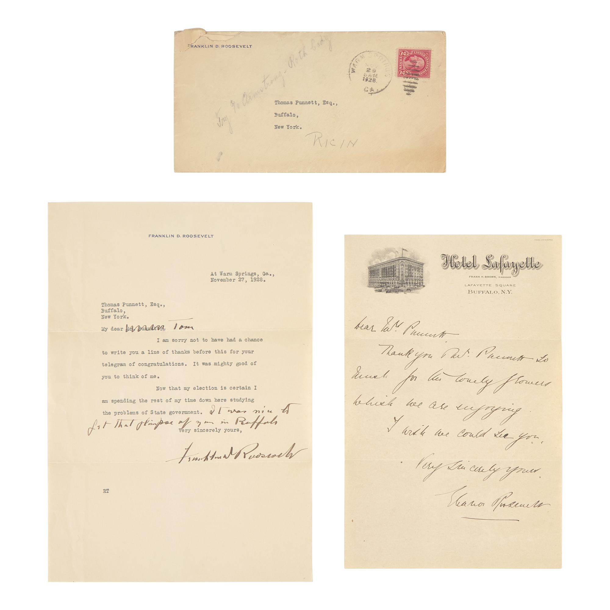 [Presidential] Roosevelt, Franklin D. and Eleanor Roosevelt. Typed Letter, signed, with an Autograph Letter, signed