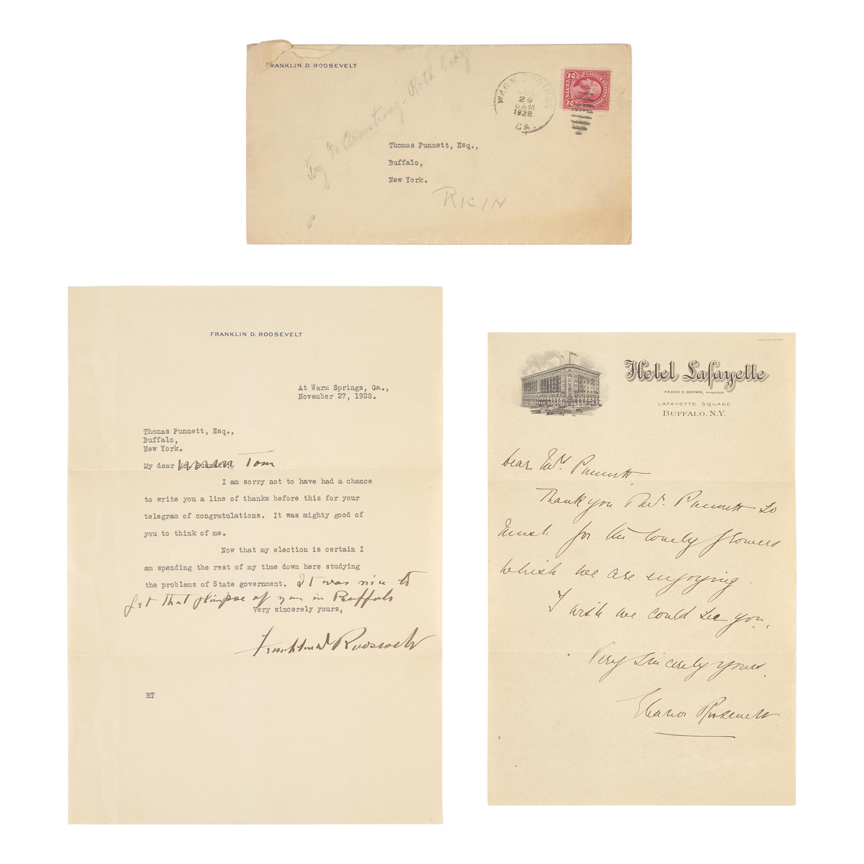[Presidential] Roosevelt, Franklin D. and Eleanor Roosevelt. Typed Letter, signed, with an Autograph Letter, signed