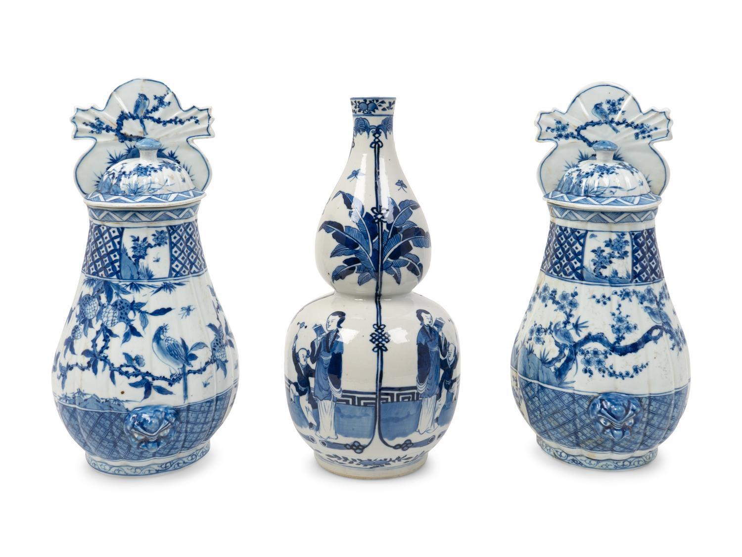 A Pair of Chinese Blue and White Porcelain Wall Vases and a Baluster-Form Vase — 20TH CENTURY