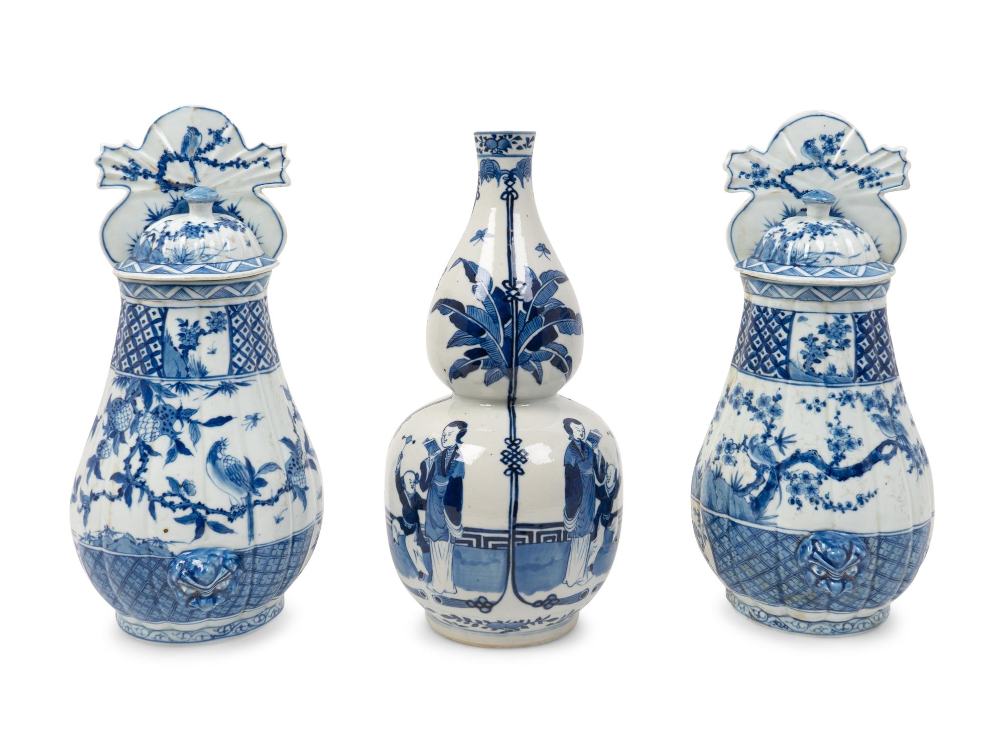 A Pair of Chinese Blue and White Porcelain Wall Vases and a Baluster-Form Vase — 20TH CENTURY