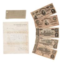 [CIVIL WAR]. Captured Confederate flag fragment from Richmond with surrendered currency and provenance letter from Lt. Col. A.B. Lawrence.