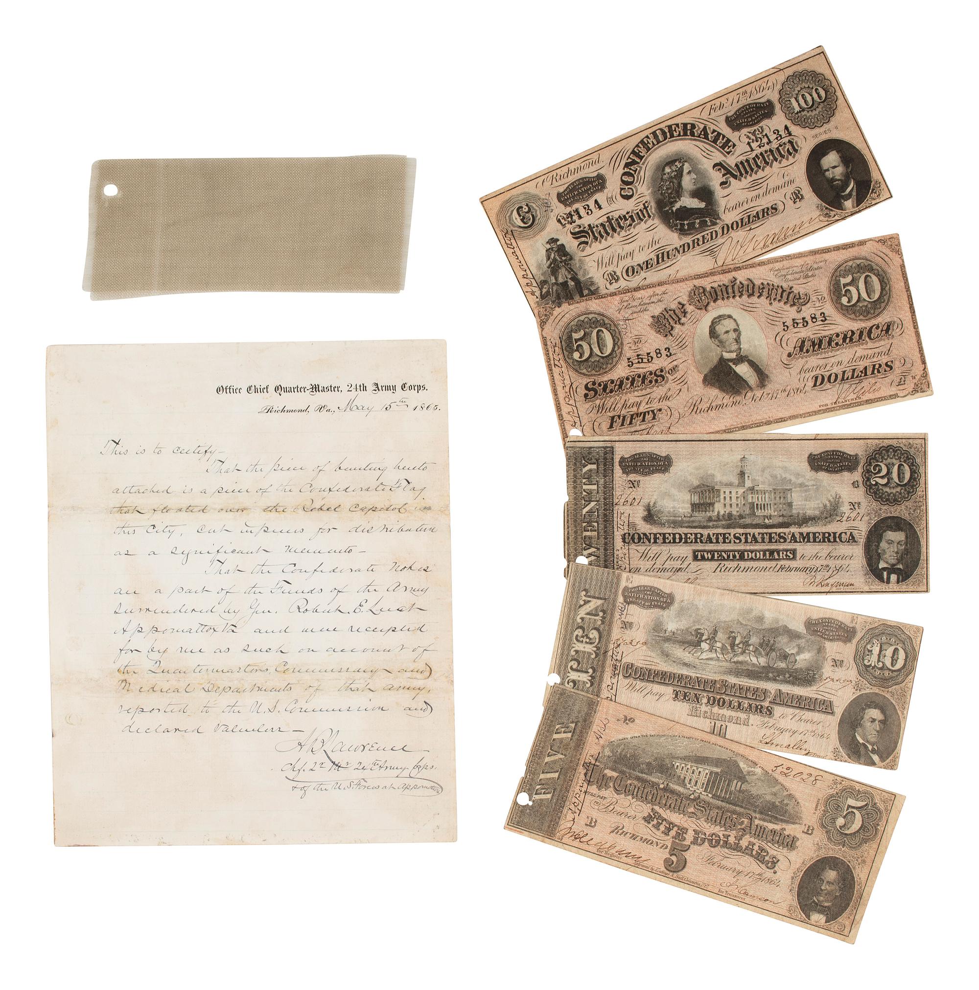 [CIVIL WAR]. Captured Confederate flag fragment from Richmond with surrendered currency and provenance letter from Lt. Col. A.B. Lawrence.