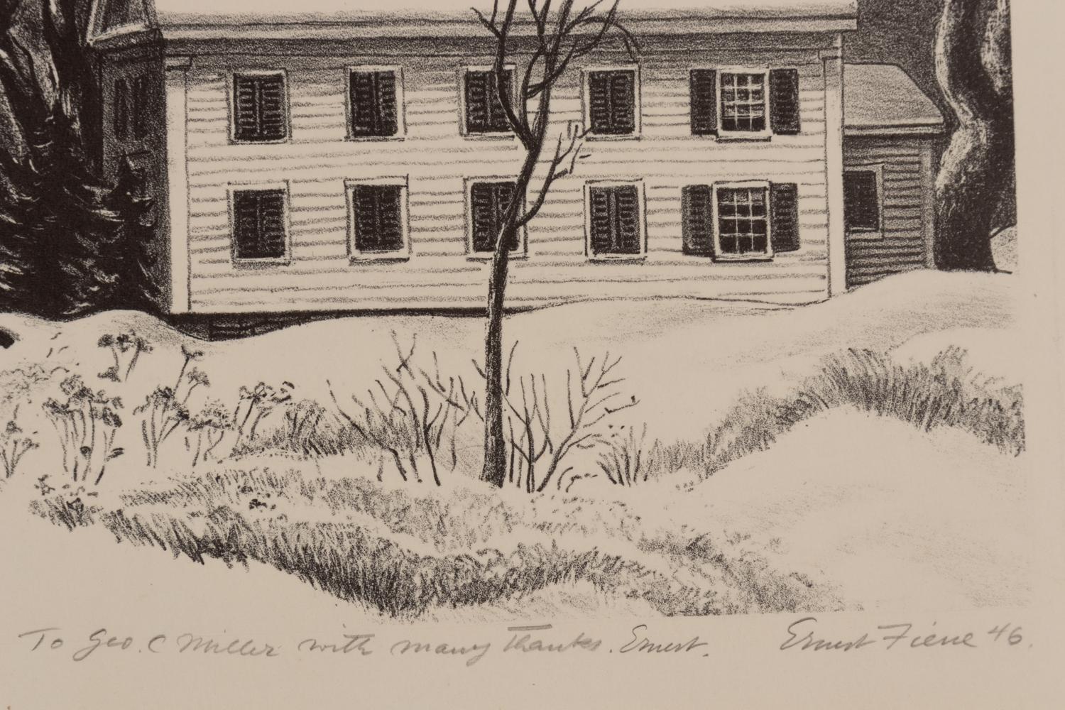 A group of four American prints (Ernest Fiene, New Snow ; Ernest Fiene, Rural Village ; Kyra Markham; Winter Twilight ; Ronau Woiceske, Winter Chores)