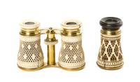 A Pair of Continental Bone Veneered Opera Glasses, Width of first 4 1/8 inches.
