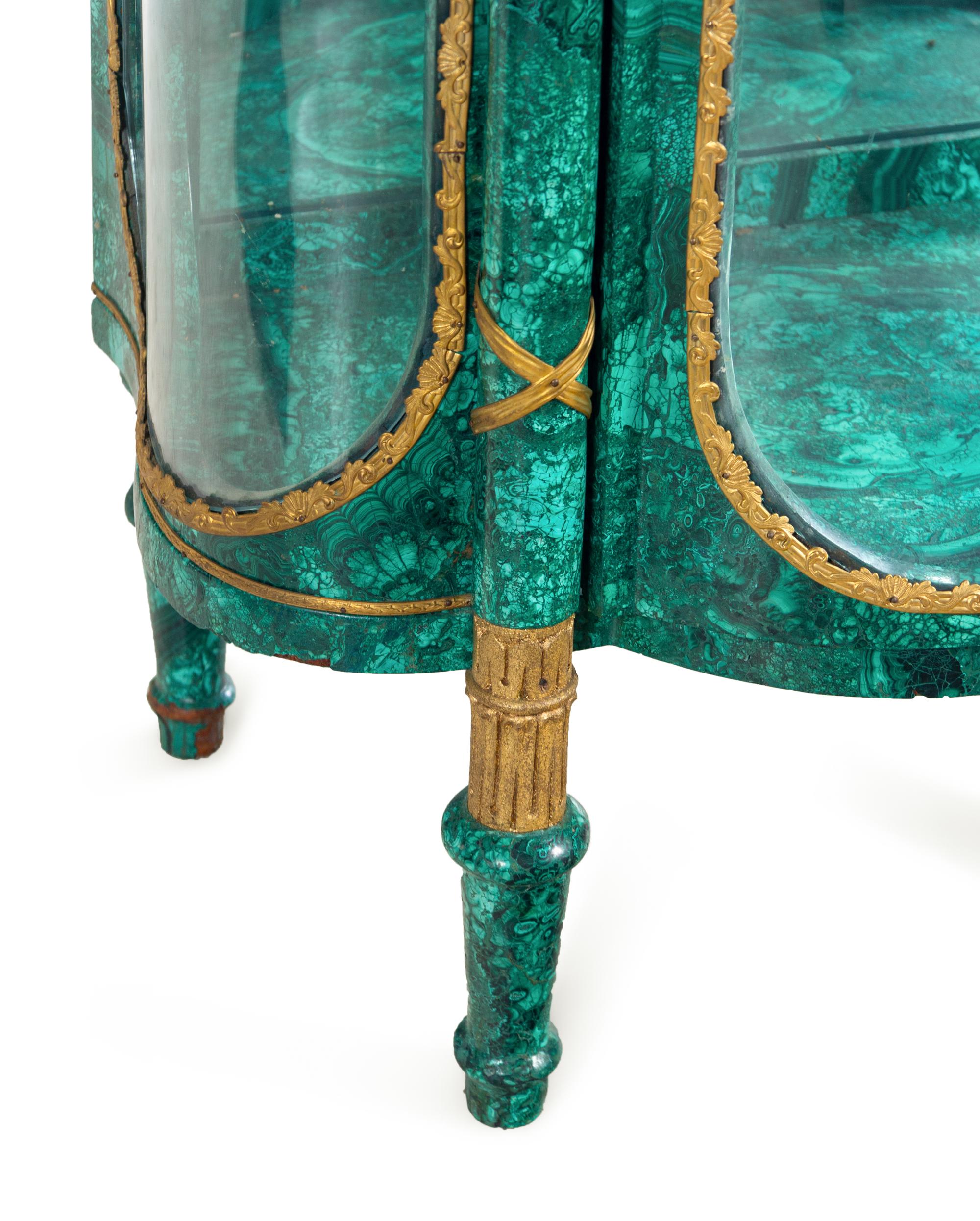 A Louis XV/XVI Transitional Style Gilt Metal Mounted Malachite Veneered Vitrine Cabinet