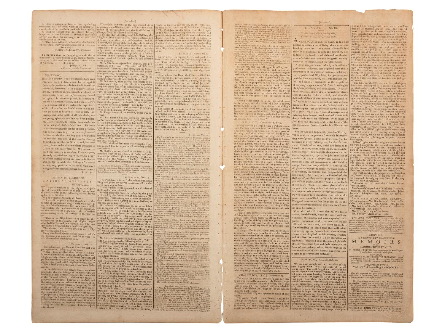 [NORTH CAROLINA]. Gazette of the United States . No. LXXV. New York: John Fenno, 30 December 1789.