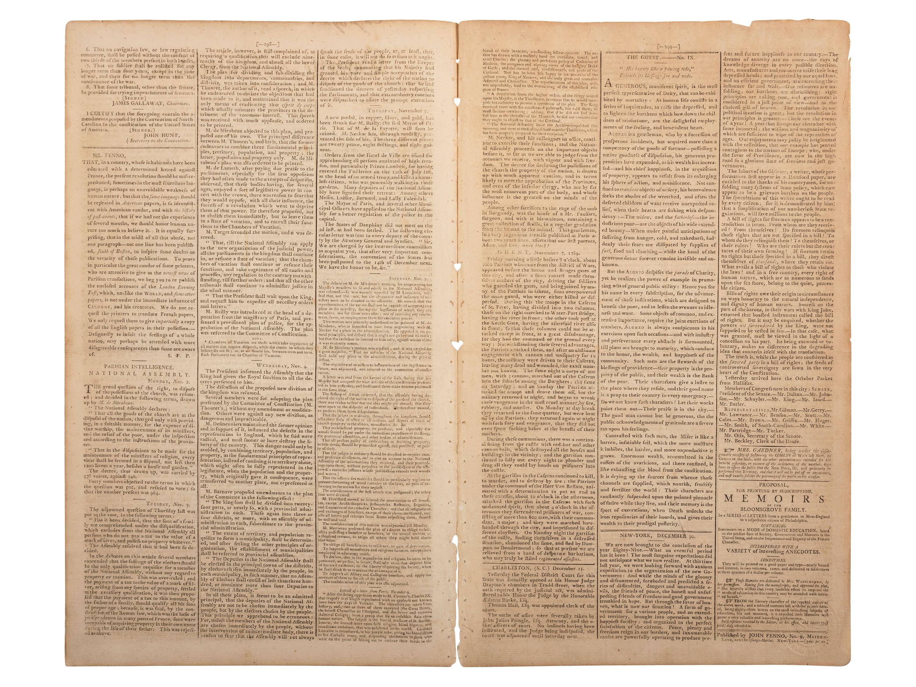 [NORTH CAROLINA]. Gazette of the United States . No. LXXV. New York: John Fenno, 30 December 1789.