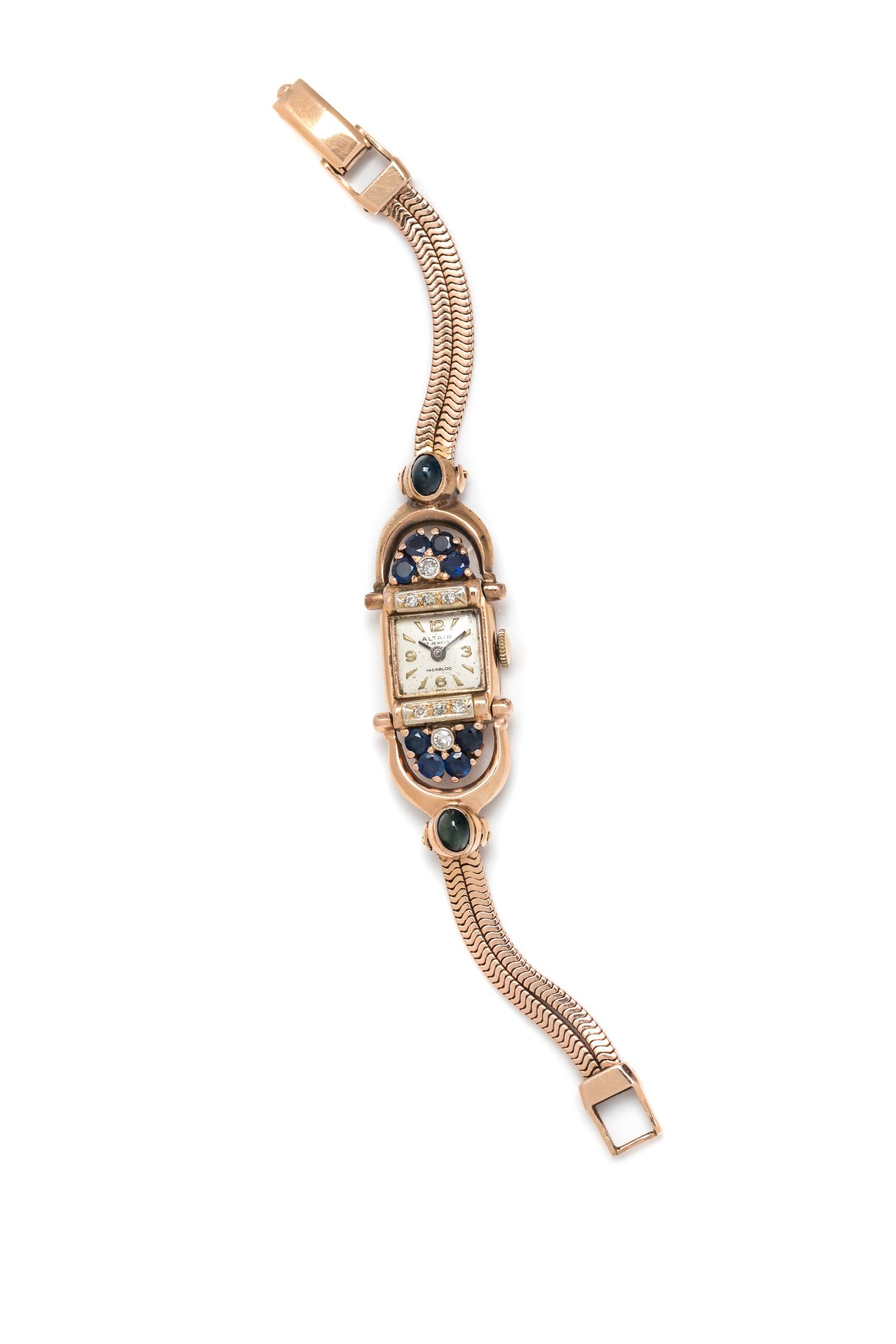 RETRO, 14K PINK GOLD, SAPPHIRE AND DIAMOND WRISTWATCH