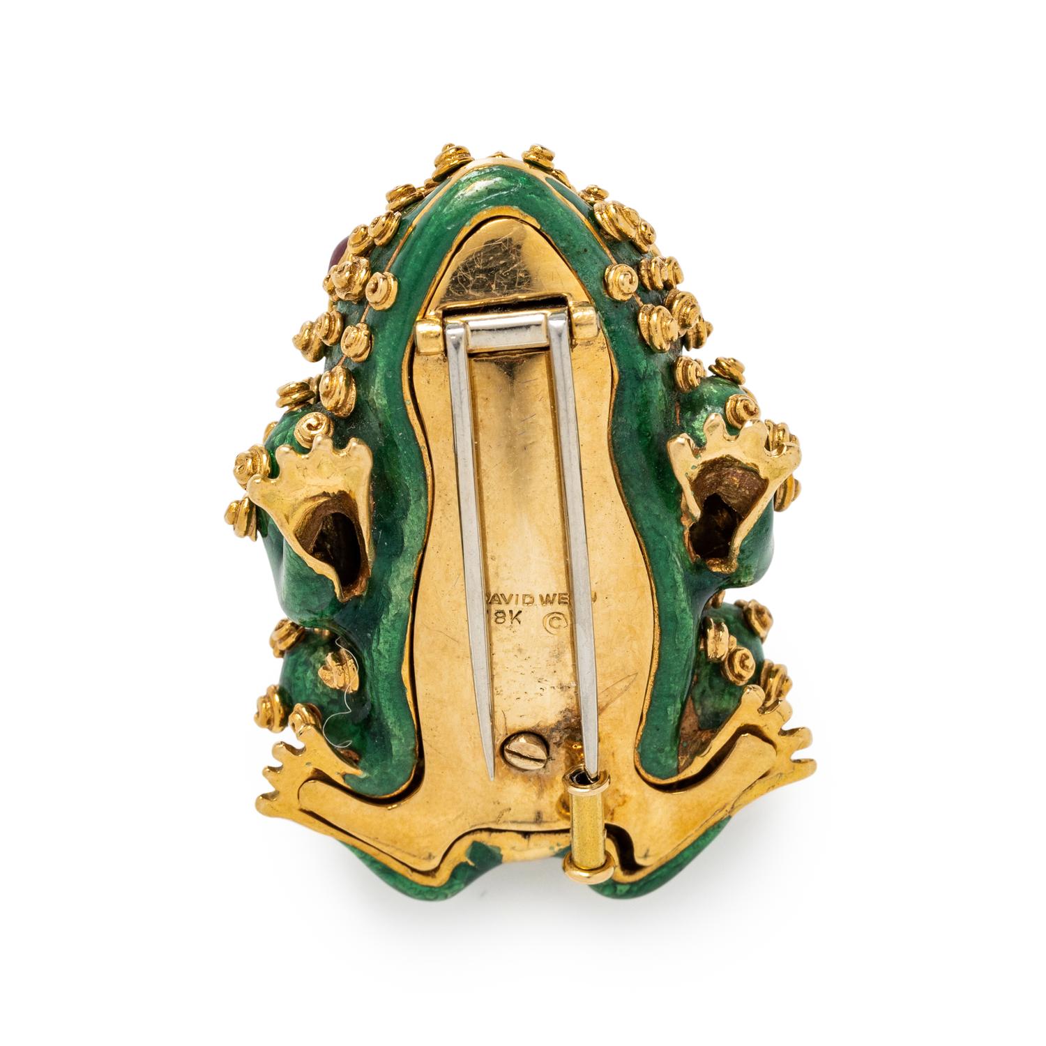 DAVID WEBB, YELLOW GOLD, RUBY, AND ENAMEL TOAD BROOCH