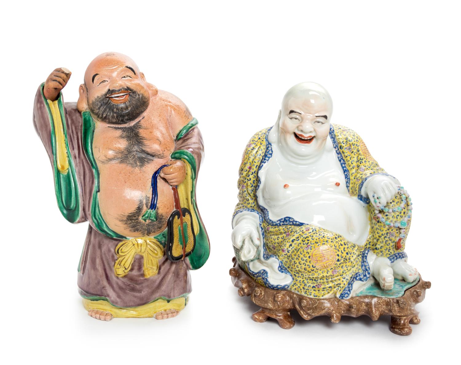 Two Porcelain Figures of Laughing Buddha Height of taller 14 1/2 inches. — 20TH CENTURY