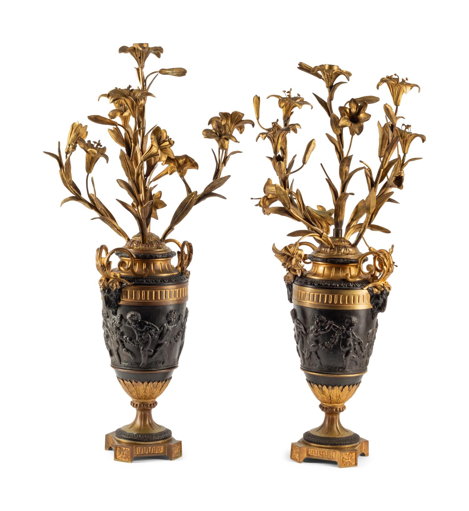A Pair of Napoleon III Gilt and Patinated Bronze Candelabra