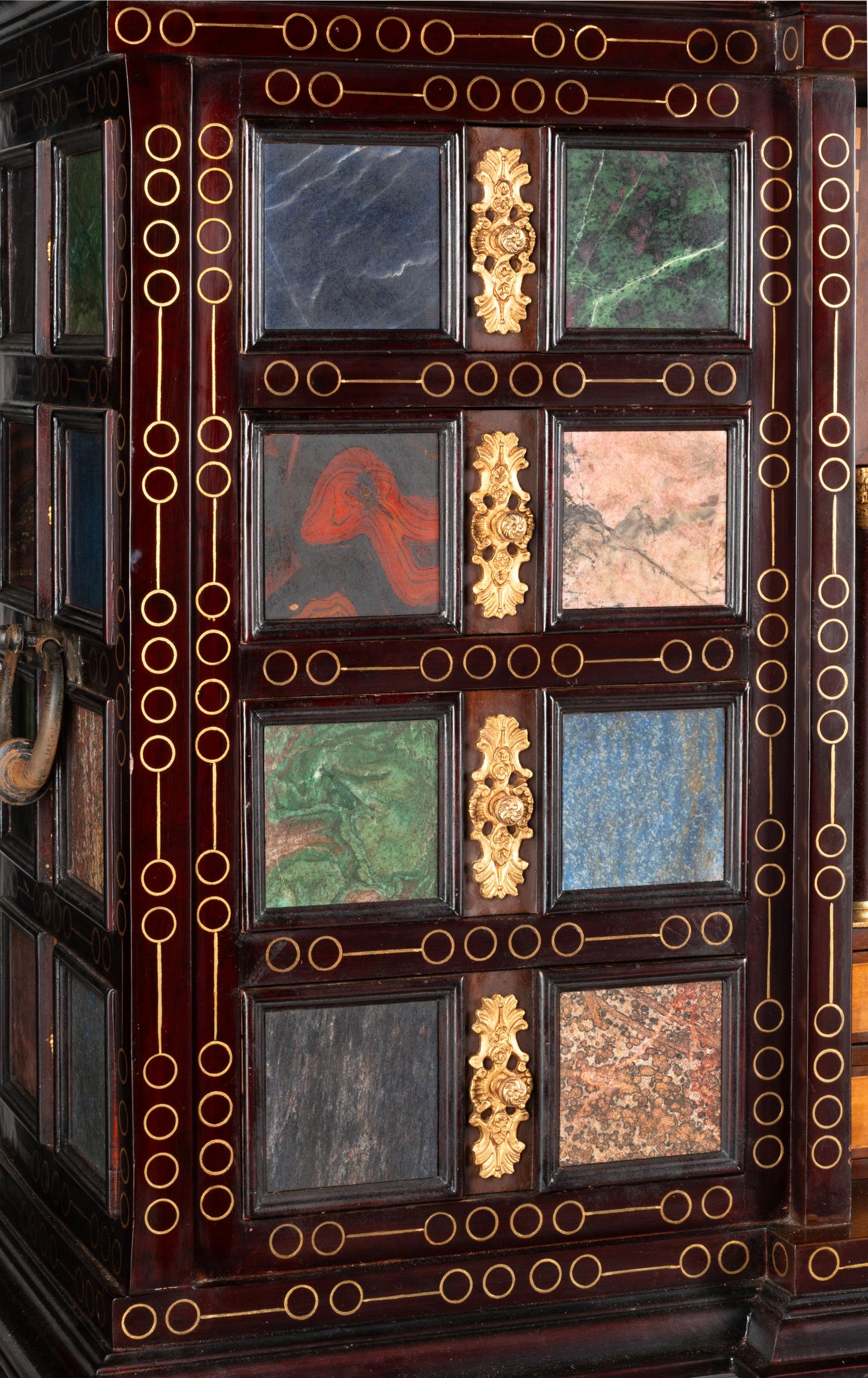 A Large Renaissance Style Semiprecious Stone Inlaid and Bronze Mounted Collector's Cabinet