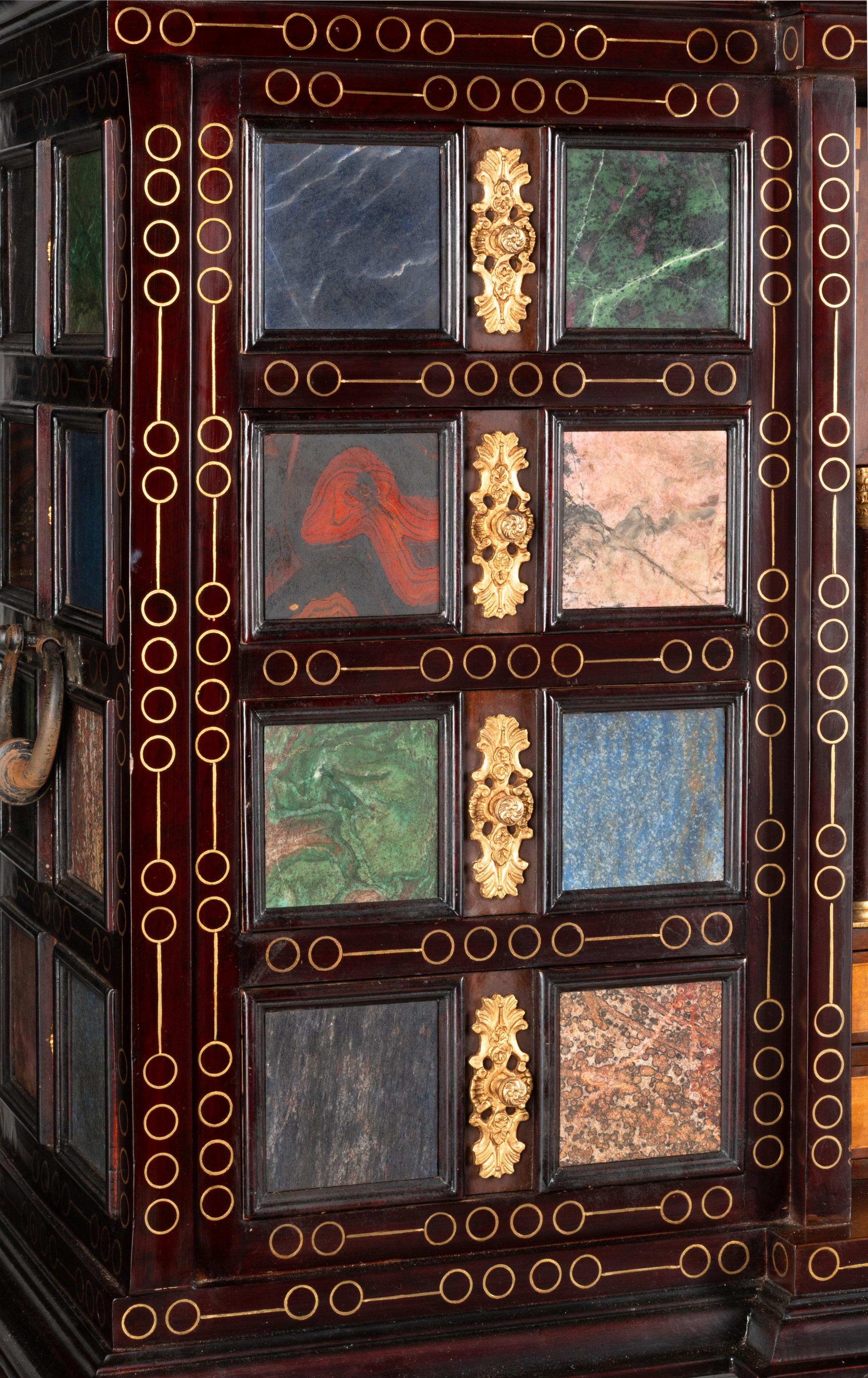 A Large Renaissance Style Semiprecious Stone Inlaid and Bronze Mounted Collector's Cabinet
