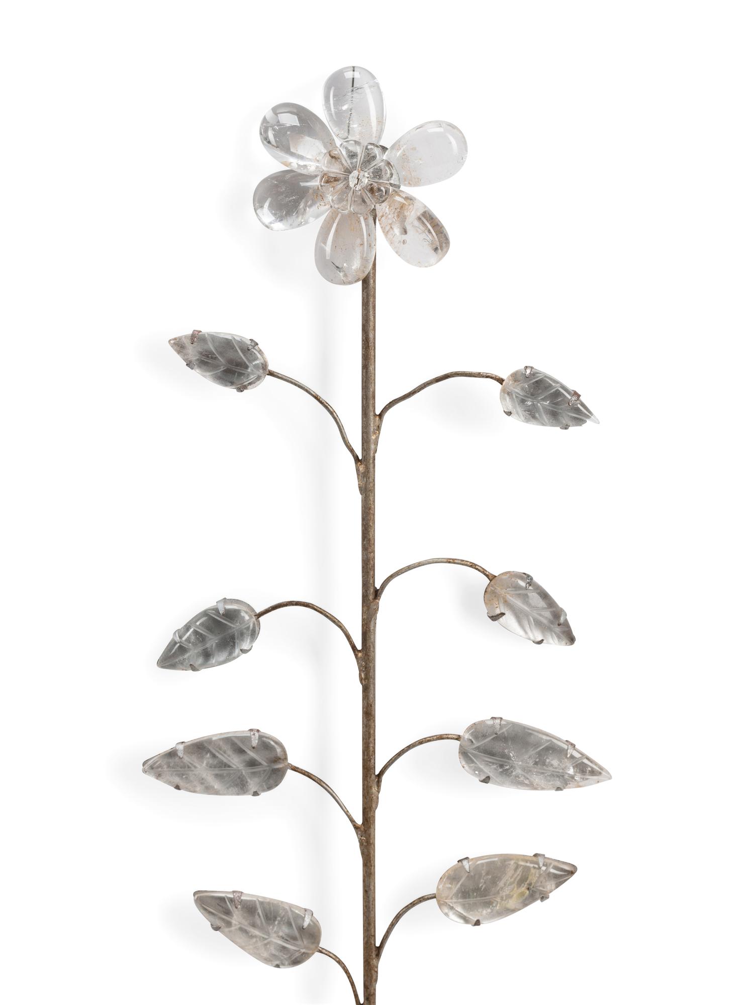 A Pair of Silvered Wood and Rock Crystal Three-Light Sconces, in the Style of Maison Baguès