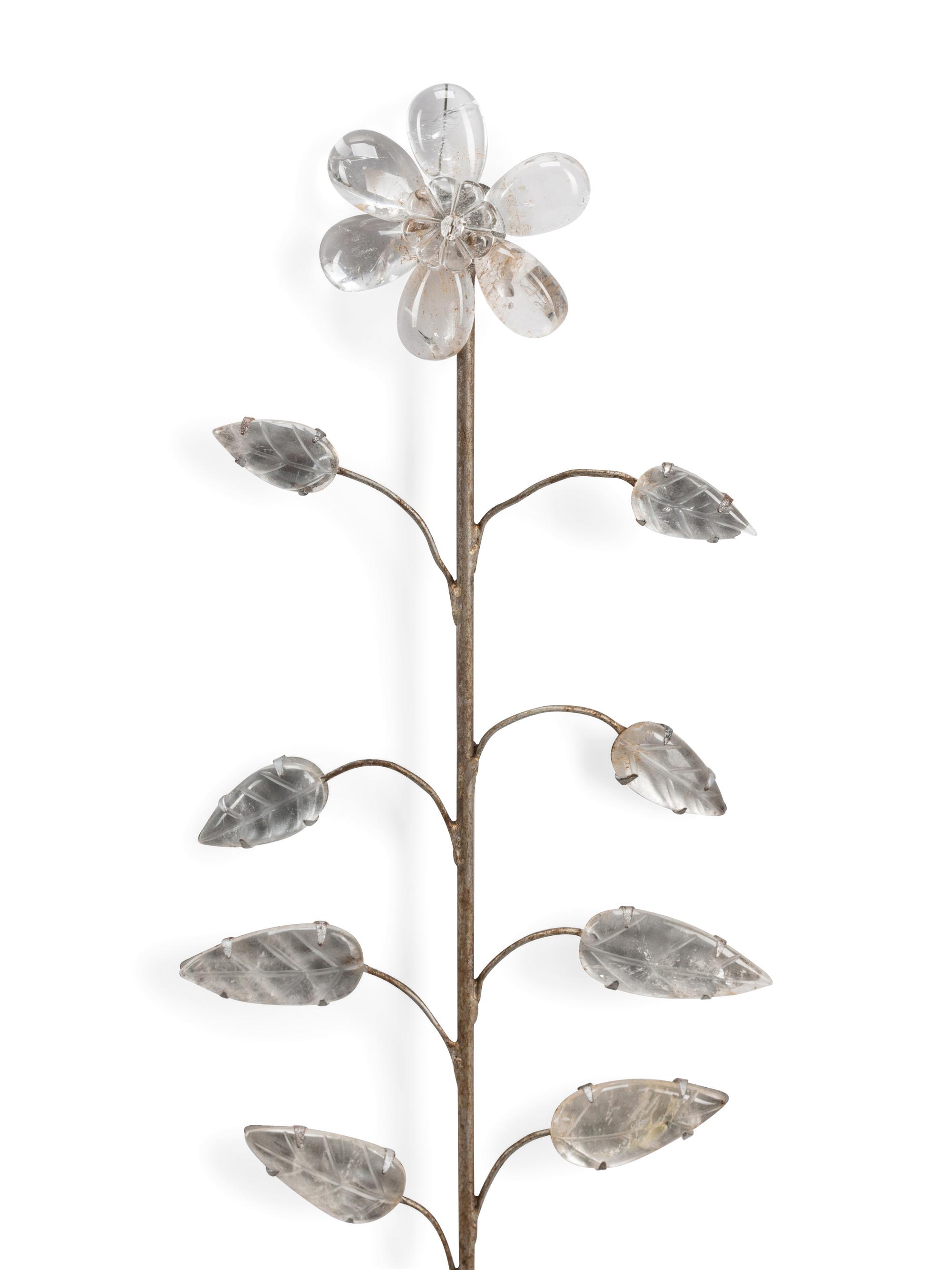 A Pair of Silvered Wood and Rock Crystal Three-Light Sconces, in the Style of Maison Baguès