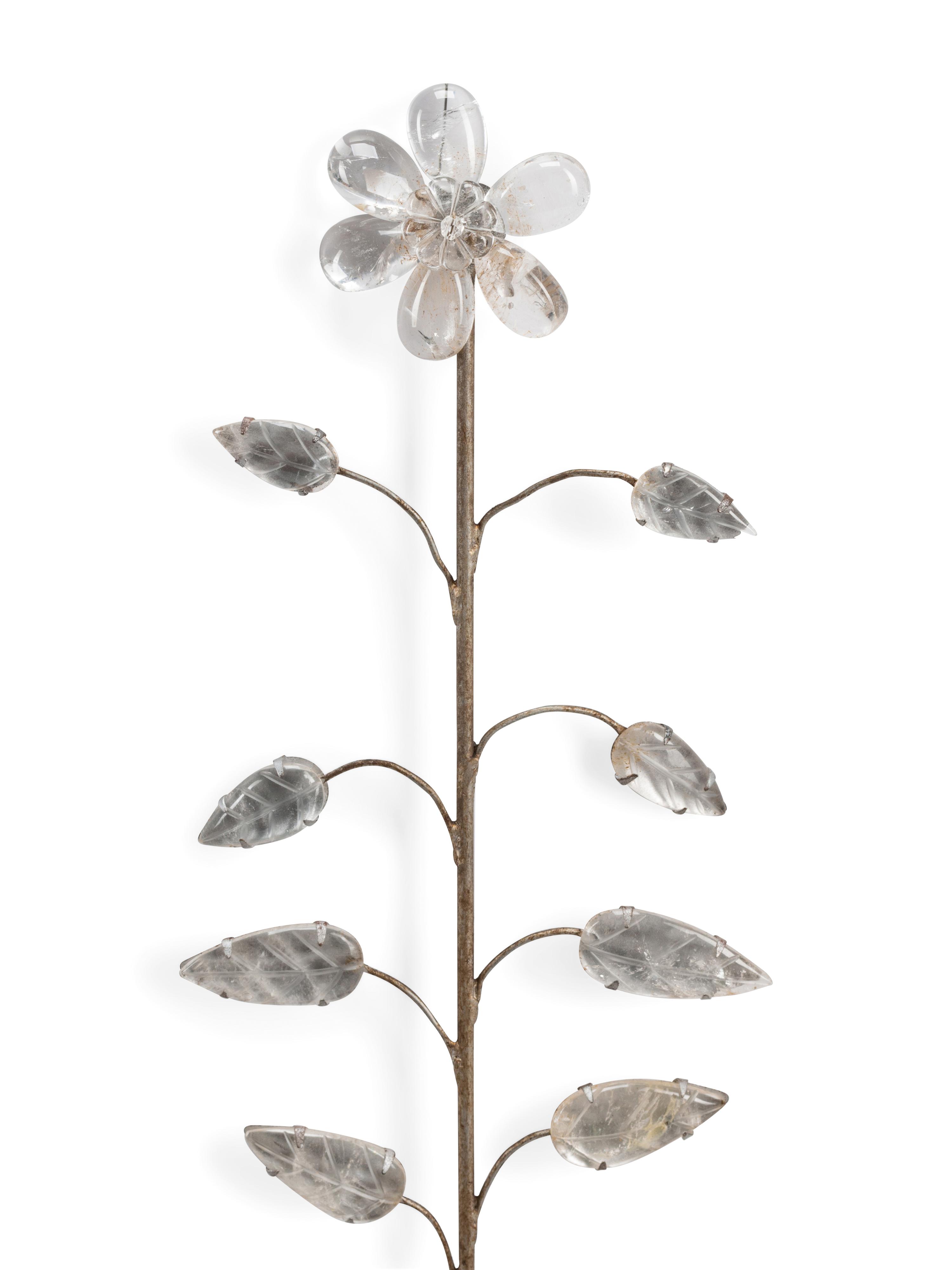 A Pair of Silvered Wood and Rock Crystal Three-Light Sconces, in the Style of Maison Baguès