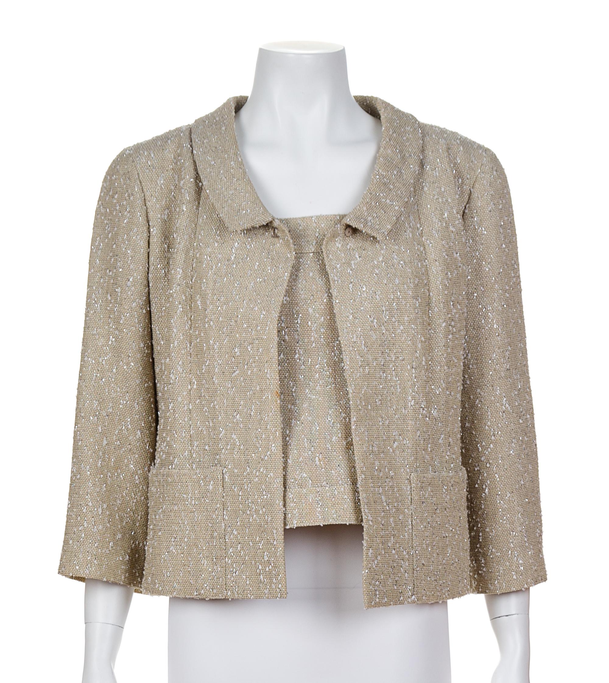 A Chanel Taupe Wool and Metallic Thread Jacket and Camisole, No size.