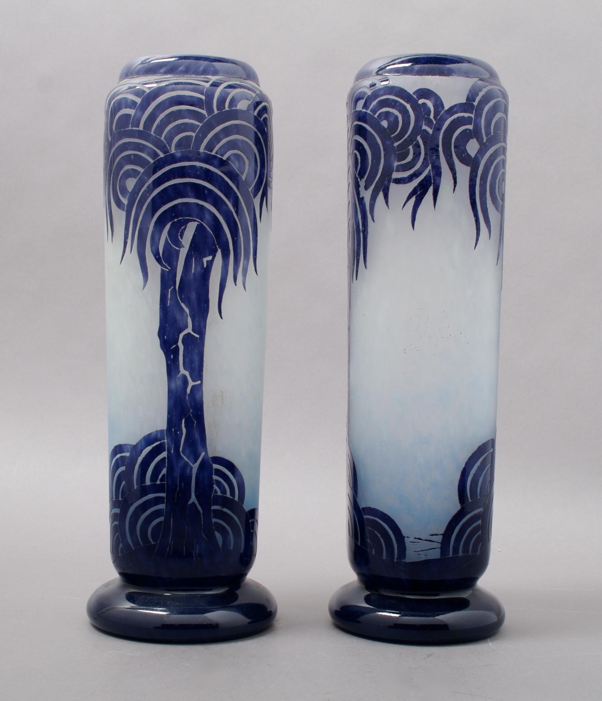 A Pair of La Verre Francais Cameo Glass Vases, Height 12 1/2 inches.