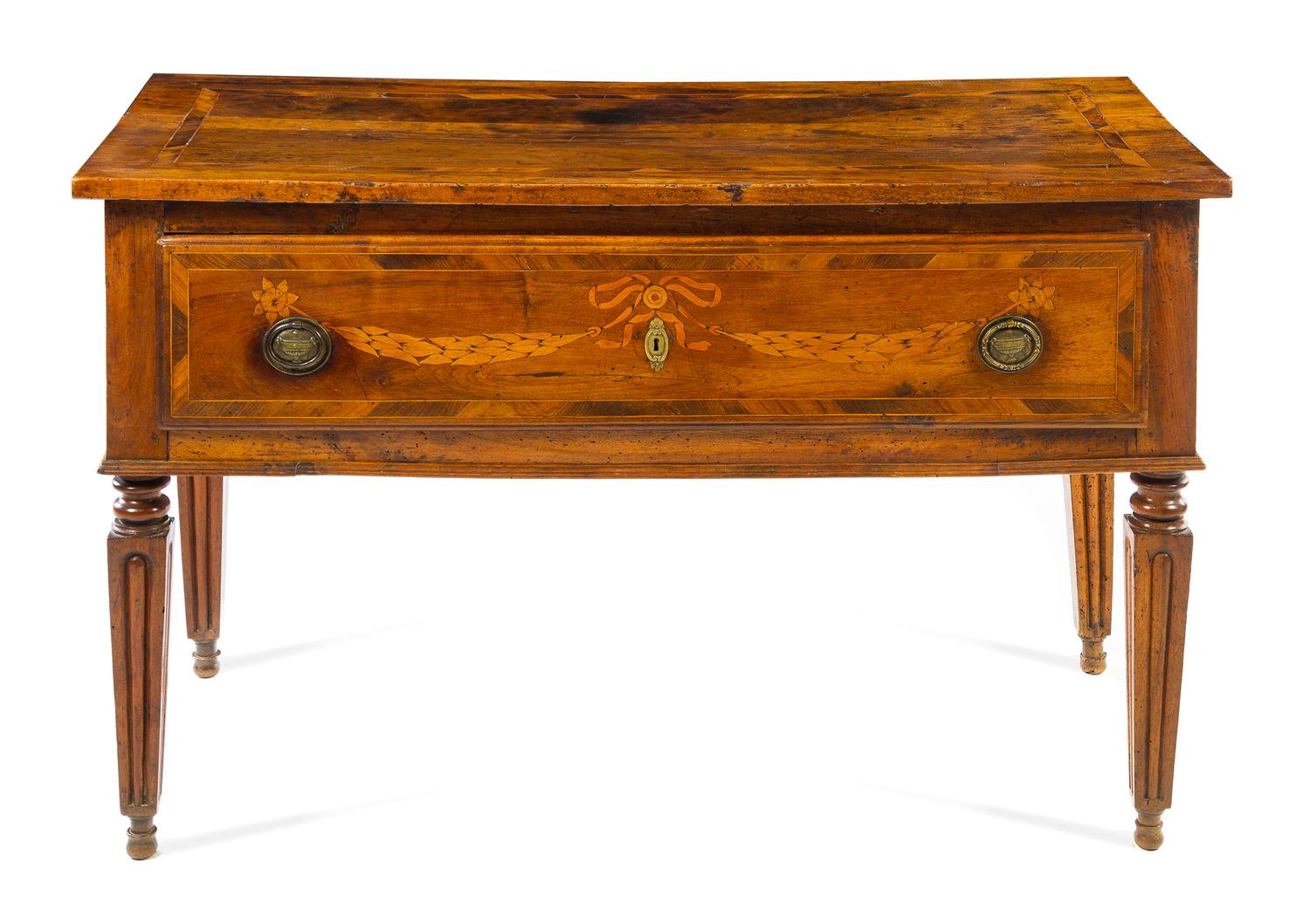 A Provincial Fruitwood and Marquetry Commode Height 30 1/4 x width 49 x depth 22 3/4 inches. — 18TH CENTURY