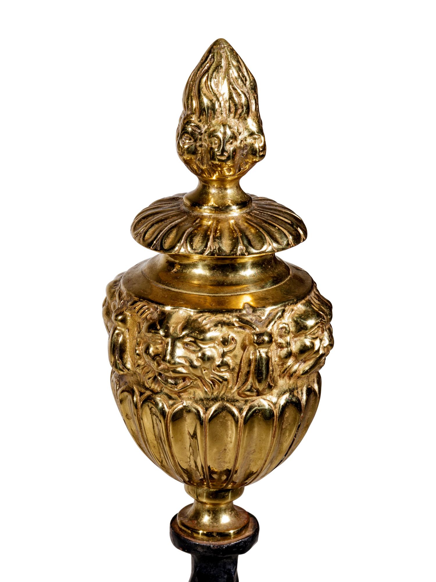 A Pair of Neoclassical Style Brass and Iron Andirons