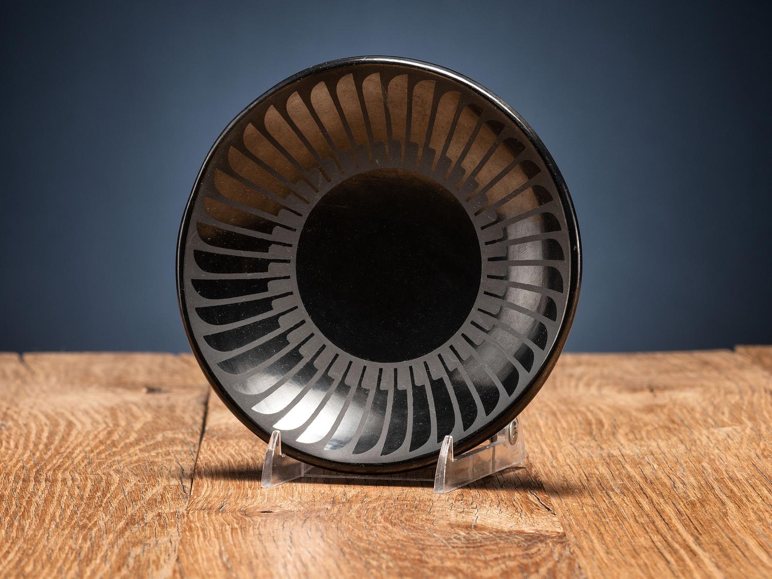 Blackware Pottery Plate, with Repeating Feather Design