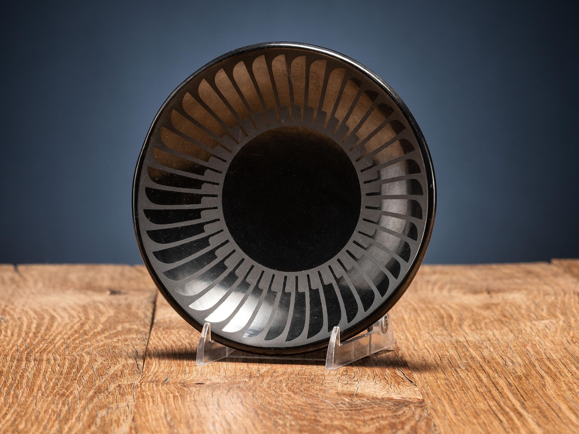 Blackware Pottery Plate, with Repeating Feather Design