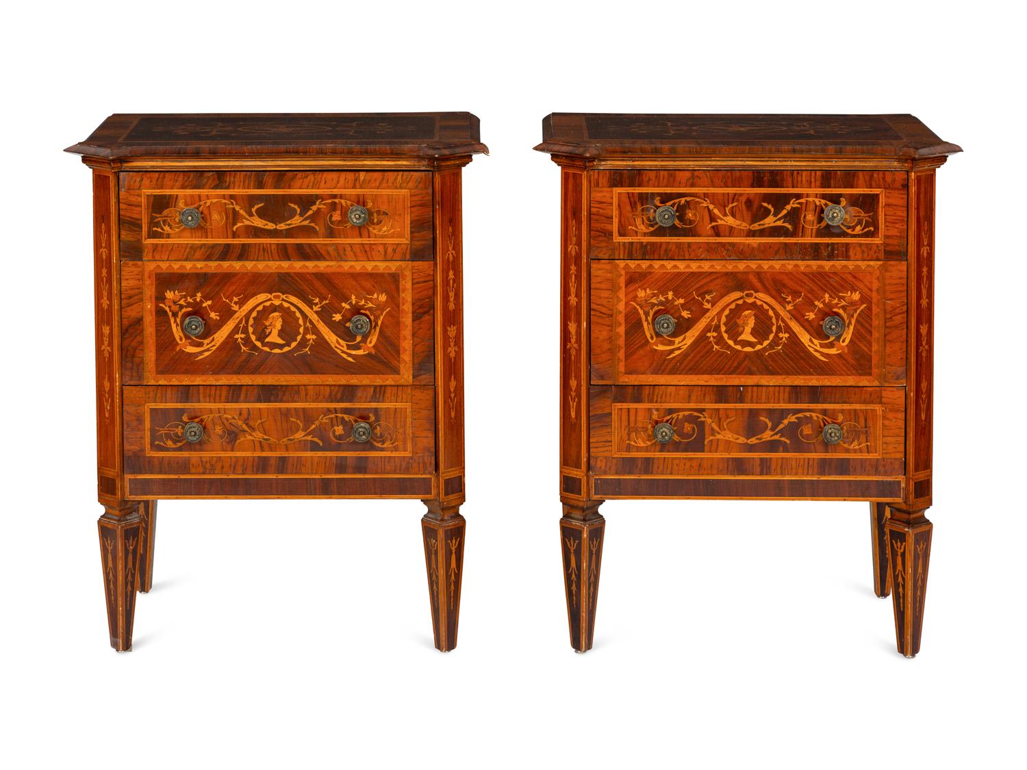 A Pair of Italian Neoclassical Walnut and Marquetry Commodini in the Manner of Maggiolini