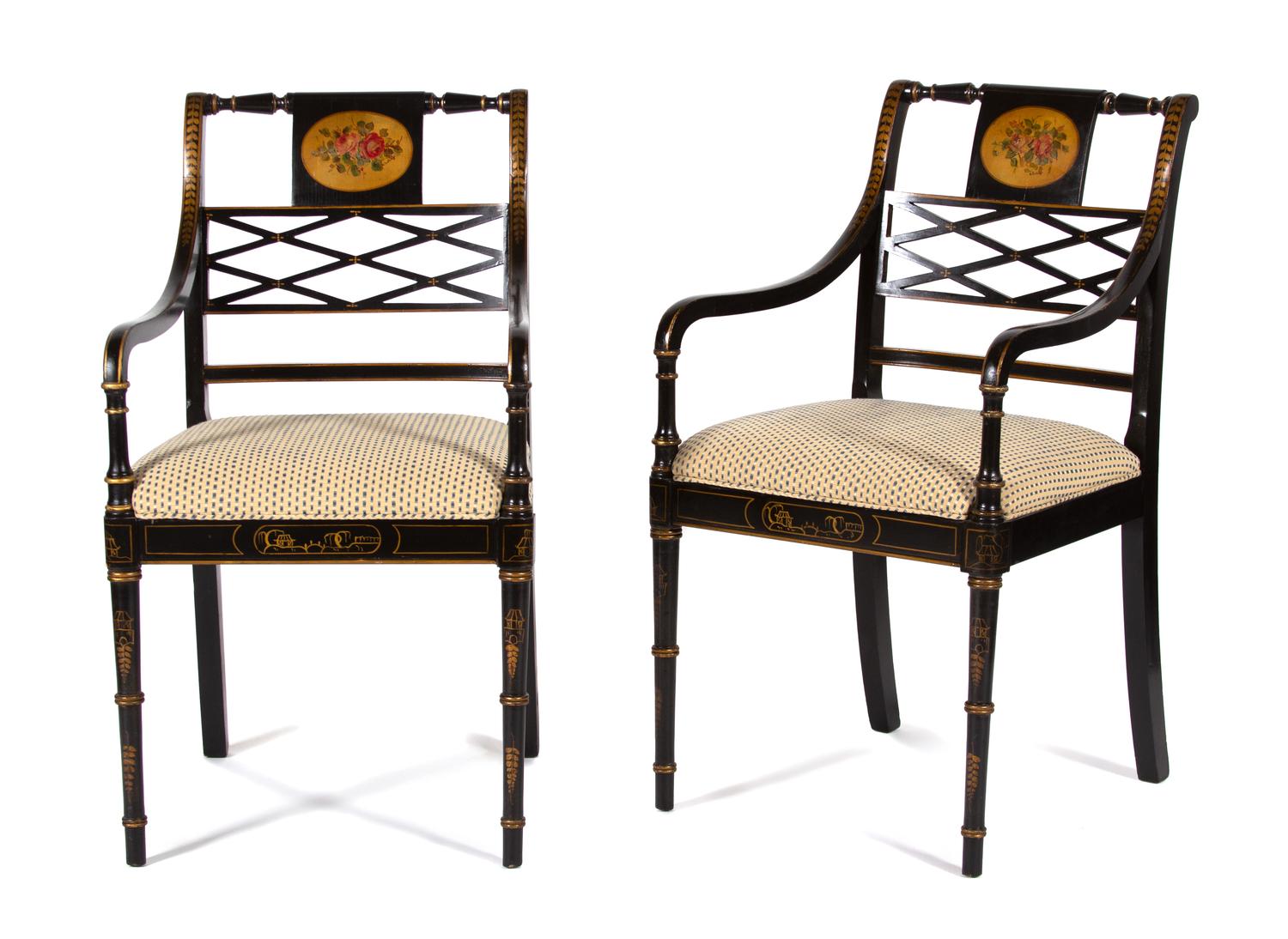 A Pair of Regency Style Ebonized and Parcel Gilt Open Armchairs Height 36 1/2 inches. — EARLY 20TH CENTURY