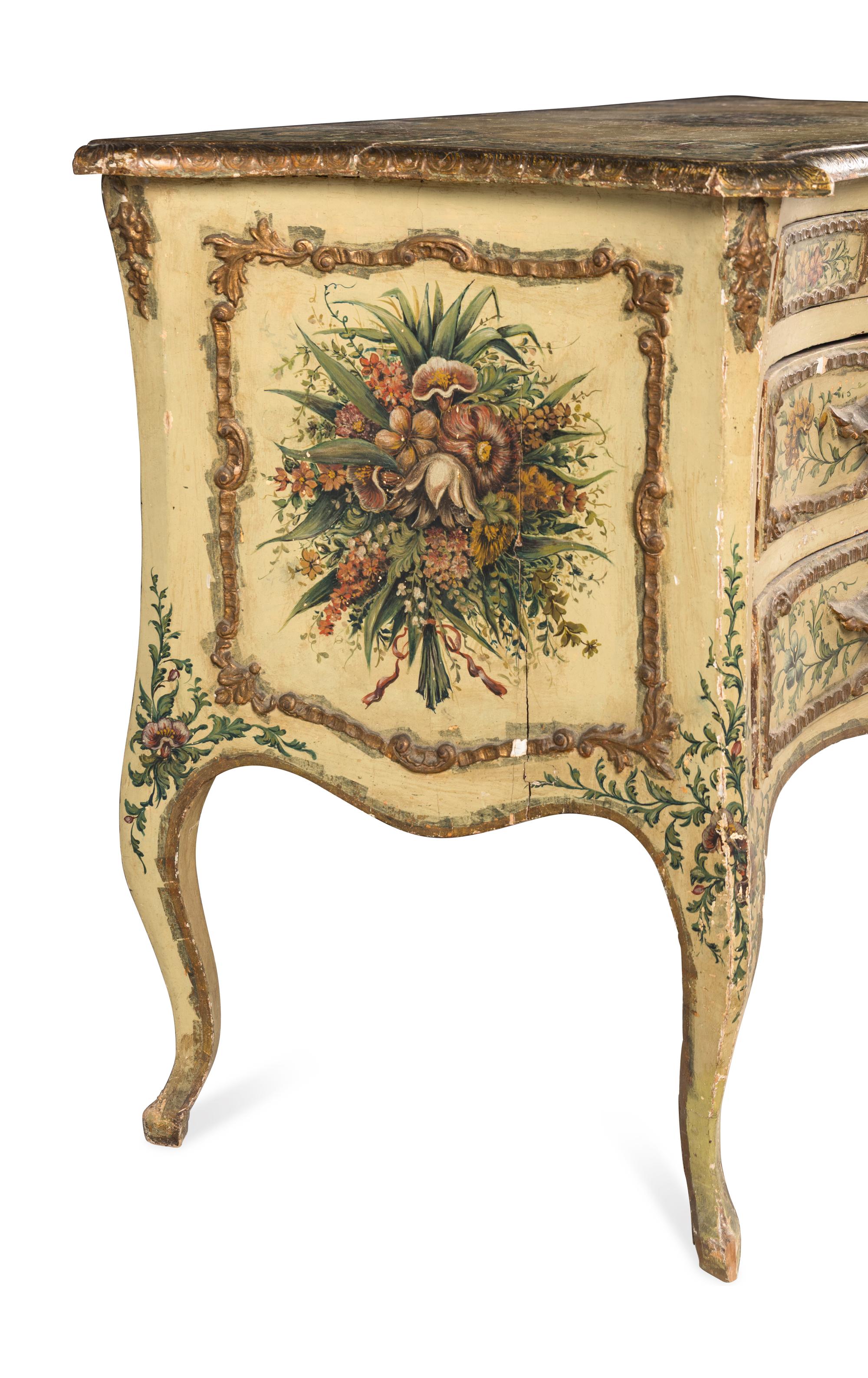 A Venetian Rococo Polychrome Decorated and Parcel-Gilt Commode