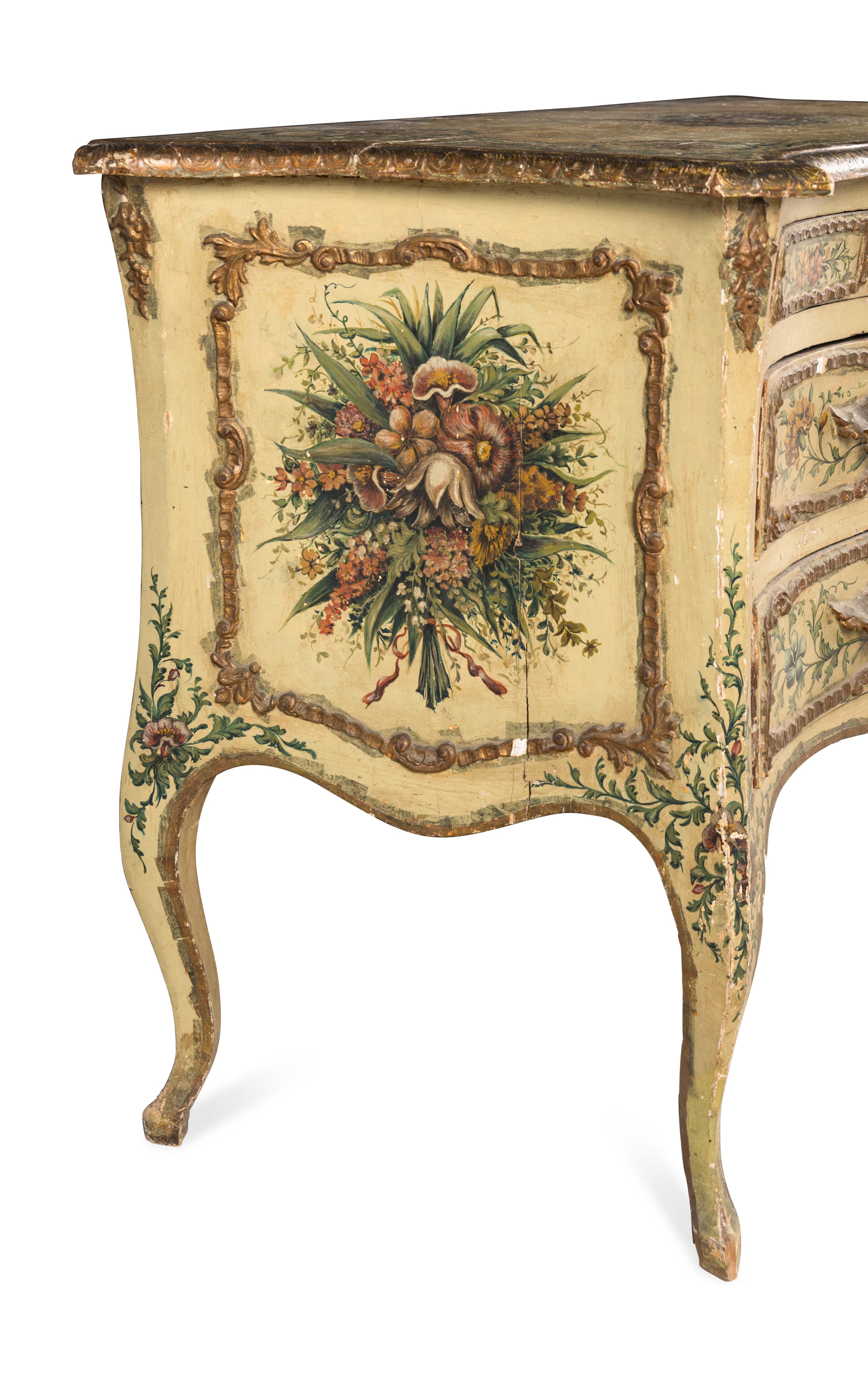 A Venetian Rococo Polychrome Decorated and Parcel-Gilt Commode