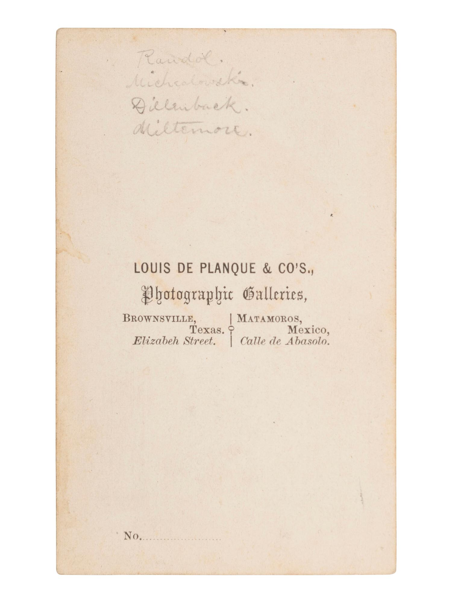 [MILITARIA - TEXAS]. DE PLANQUE, Louis (1842-1898), photographer. CDV showing a group of US artillery officers in dress uniforms with a brass 12-pound gun. Brownsville, TX.