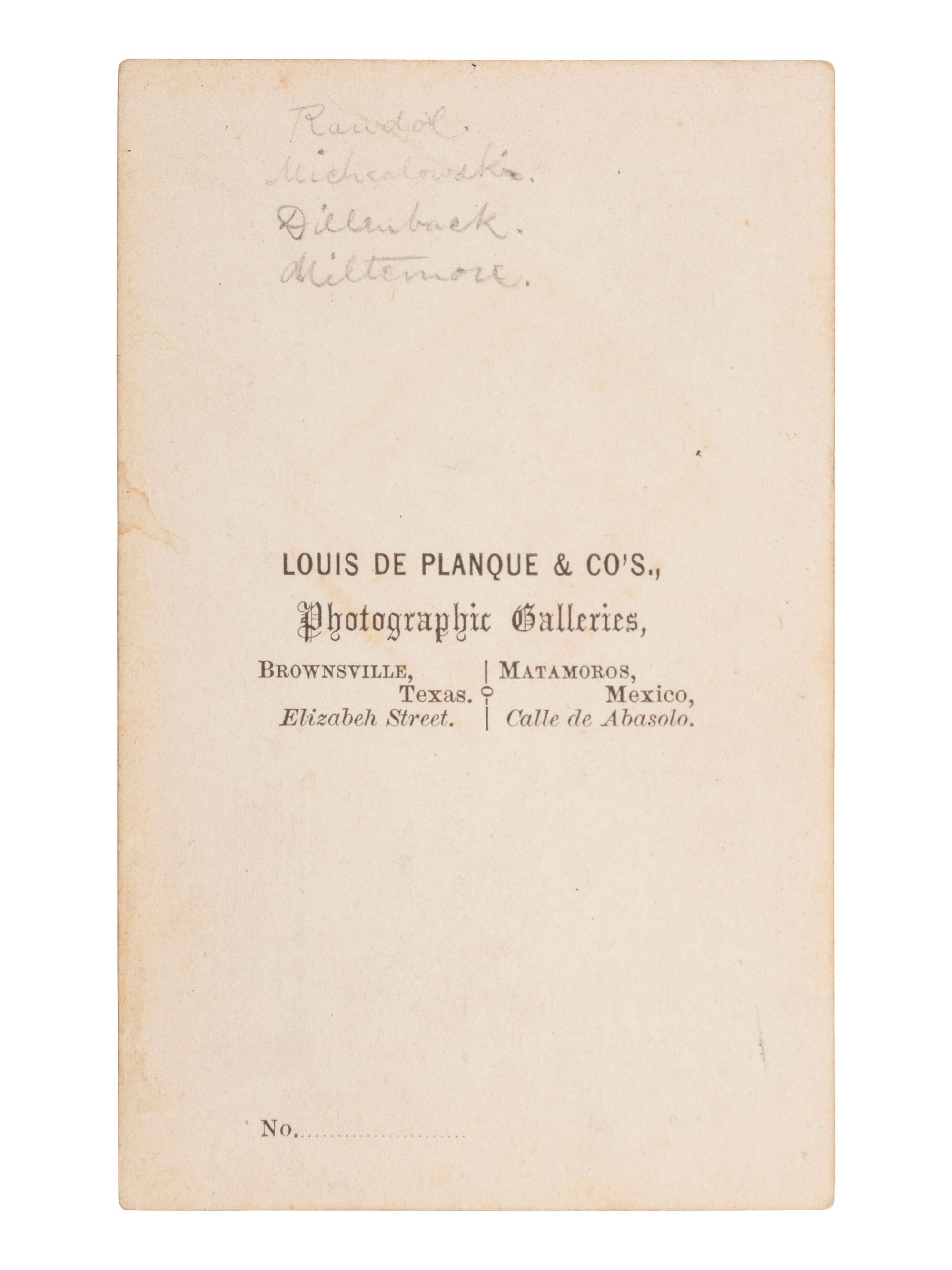[MILITARIA - TEXAS]. DE PLANQUE, Louis (1842-1898), photographer. CDV showing a group of US artillery officers in dress uniforms with a brass 12-pound gun. Brownsville, TX.