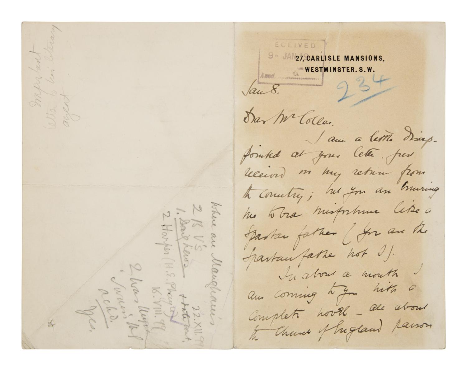 Maugham, W. Somerset (1874-1965). Autograph letter signed ("W. Somerset Maugham") to W. Morris Colles, Carlisle Mansions, Westminster S.W., 8 January [ca 1899].
