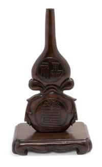 A Chinese Carved Hardwood Gourd-Form Vase Height 17 3/4 inches. — 20TH CENTURY