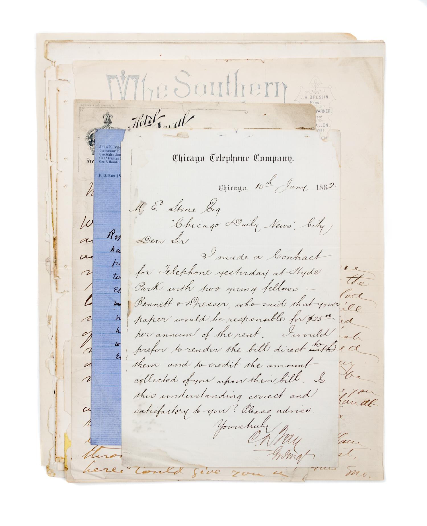 (CHICAGO DAILY NEWS) Archive of coorespondence from Melville Elijiah Stone, 60 items total.