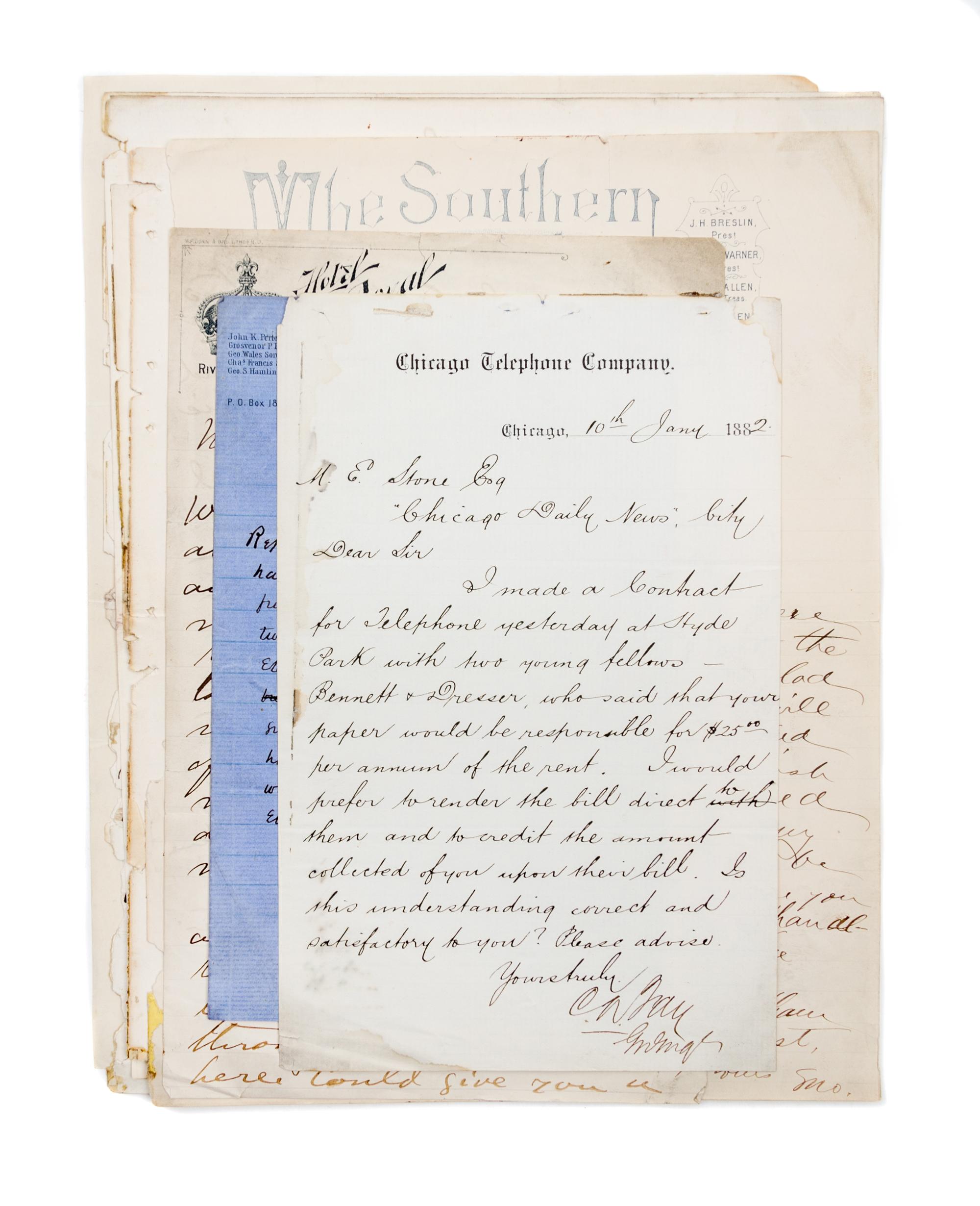 (CHICAGO DAILY NEWS) Archive of coorespondence from Melville Elijiah Stone, 60 items total.