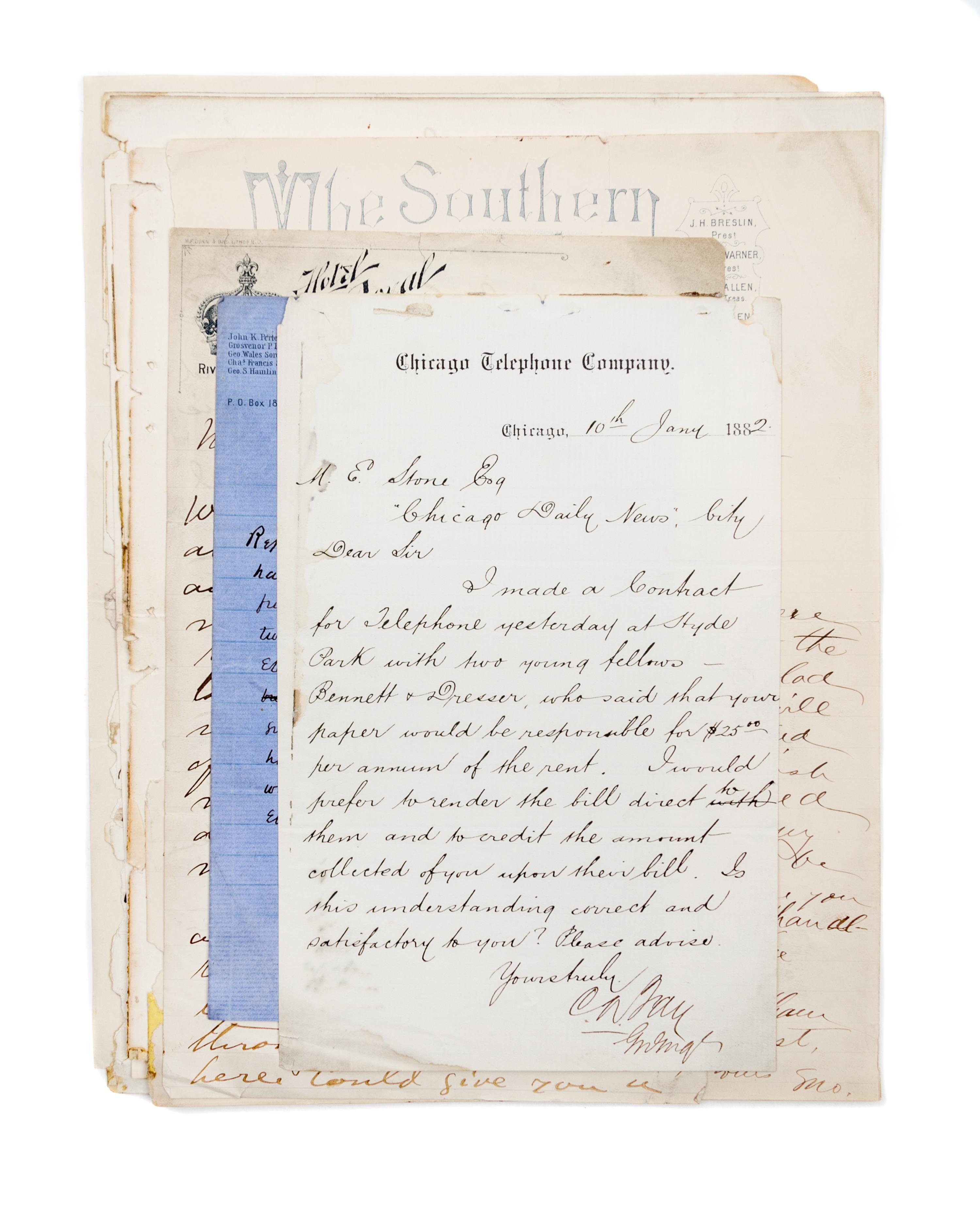 (CHICAGO DAILY NEWS) Archive of coorespondence from Melville Elijiah Stone, 60 items total.