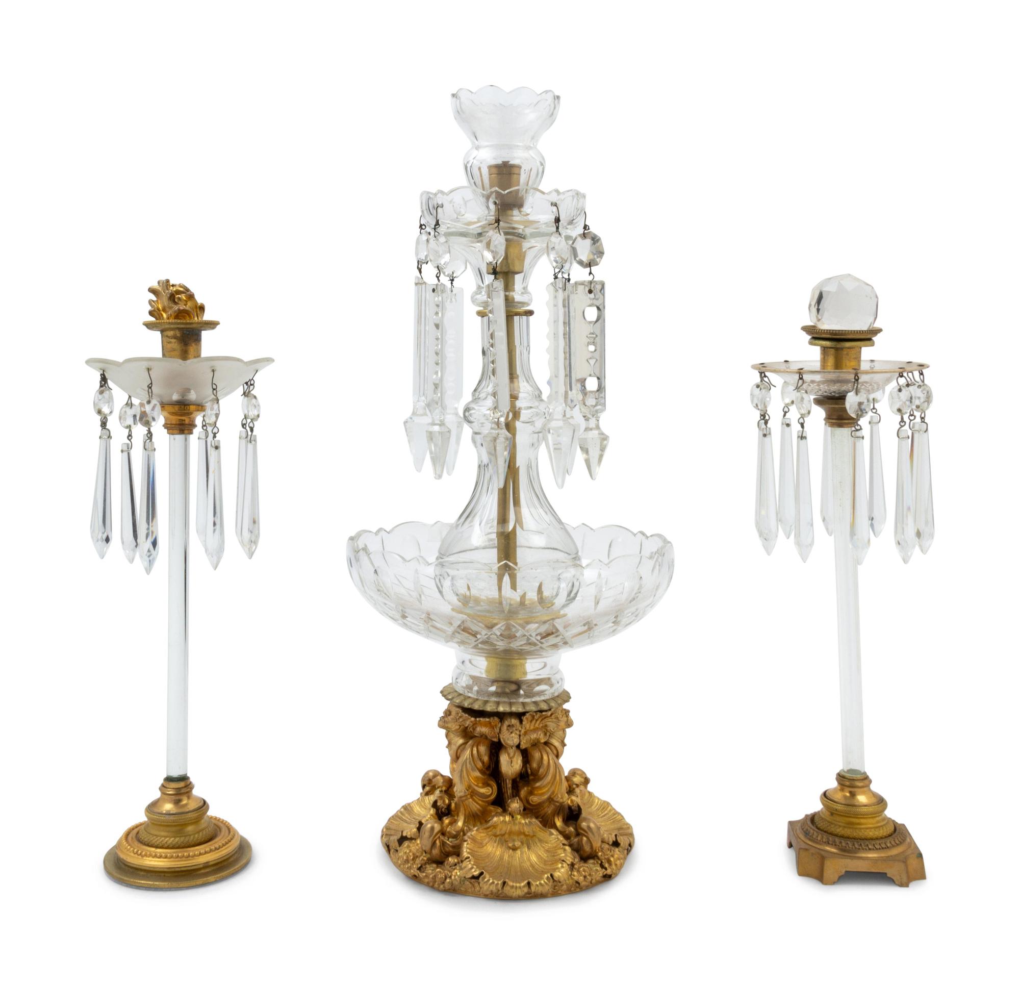 Three Cut Glass and Gilt Metal Girandoles