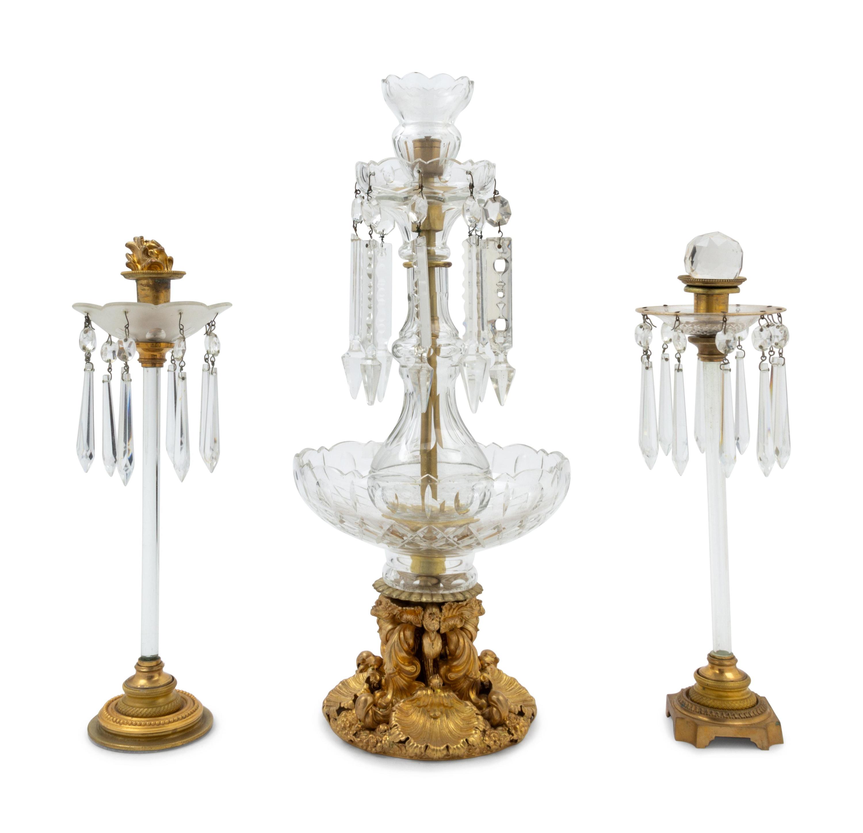 Three Cut Glass and Gilt Metal Girandoles