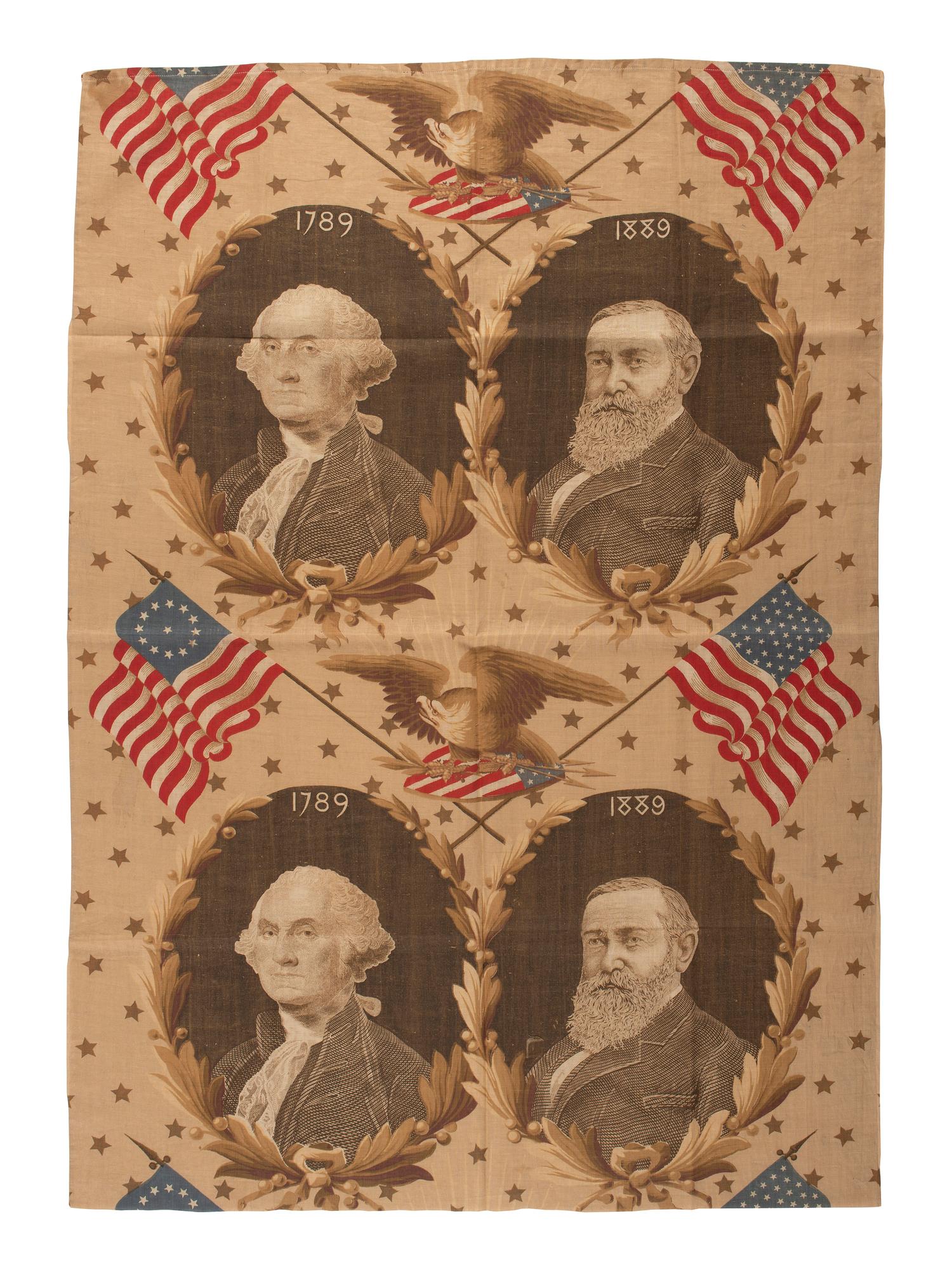 [BENJAMIN HARRISON]. Benjamin Harrison and George Washington jugate patriotic fabric. N.p., 1889.
