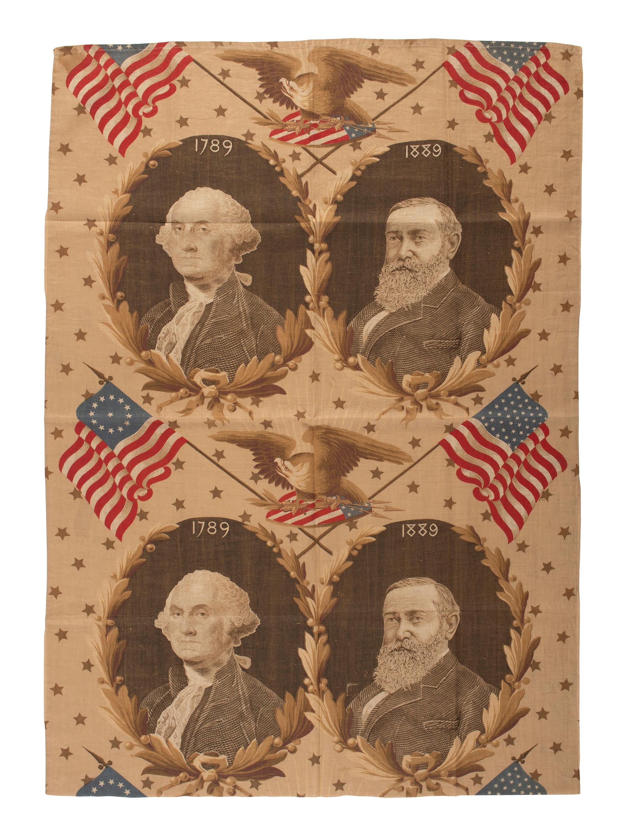 [BENJAMIN HARRISON]. Benjamin Harrison and George Washington jugate patriotic fabric. N.p., 1889.