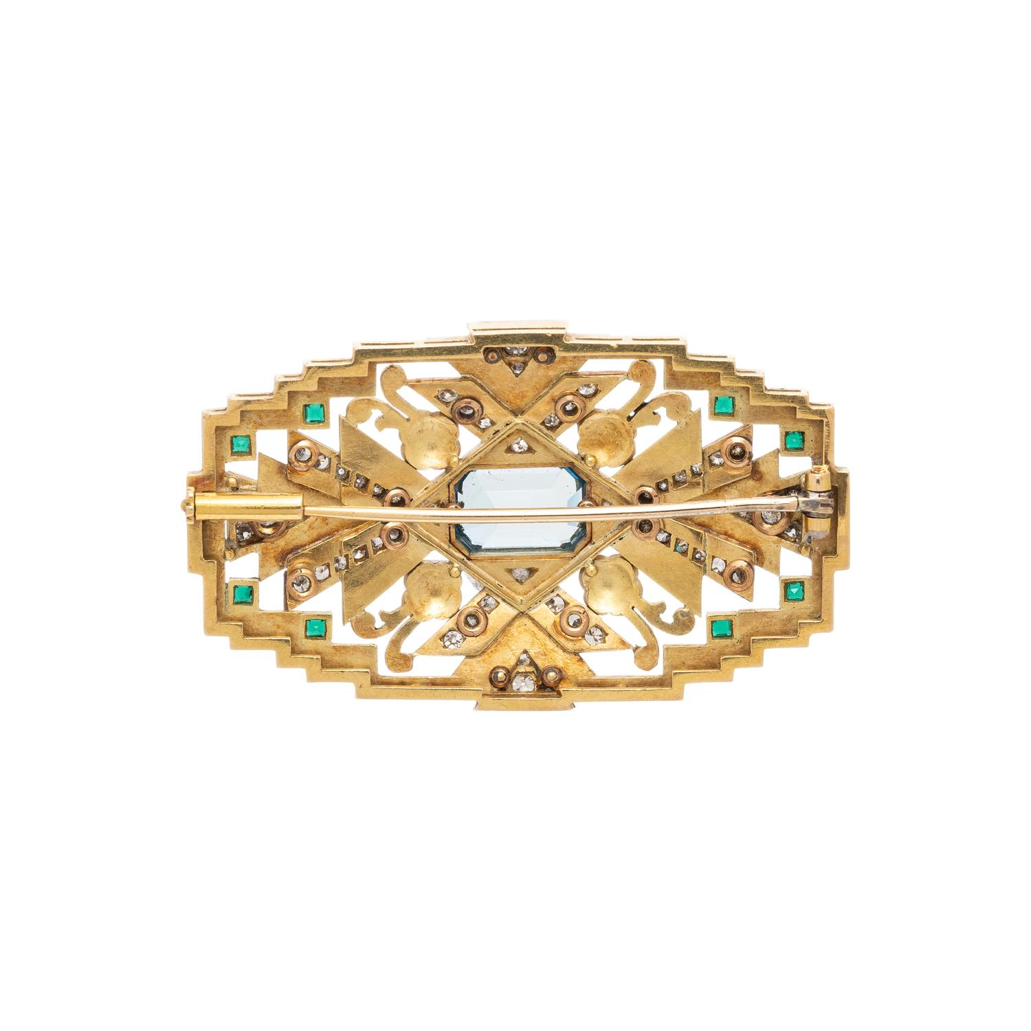 ART DECO, YELLOW GOLD, ENAMEL, AND AQUAMARINE BROOCH