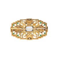 ART DECO, YELLOW GOLD, ENAMEL, AND AQUAMARINE BROOCH