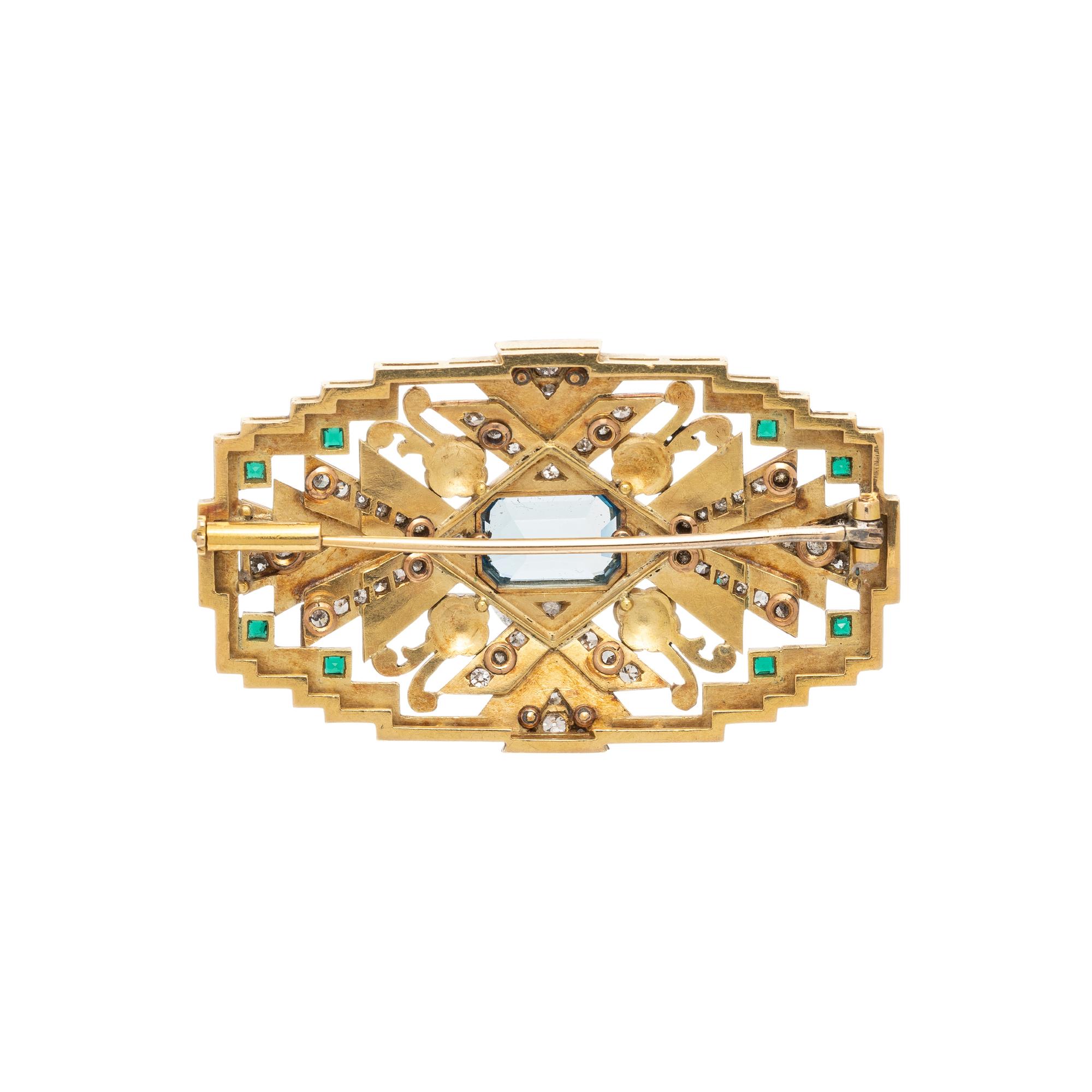 ART DECO, YELLOW GOLD, ENAMEL, AND AQUAMARINE BROOCH