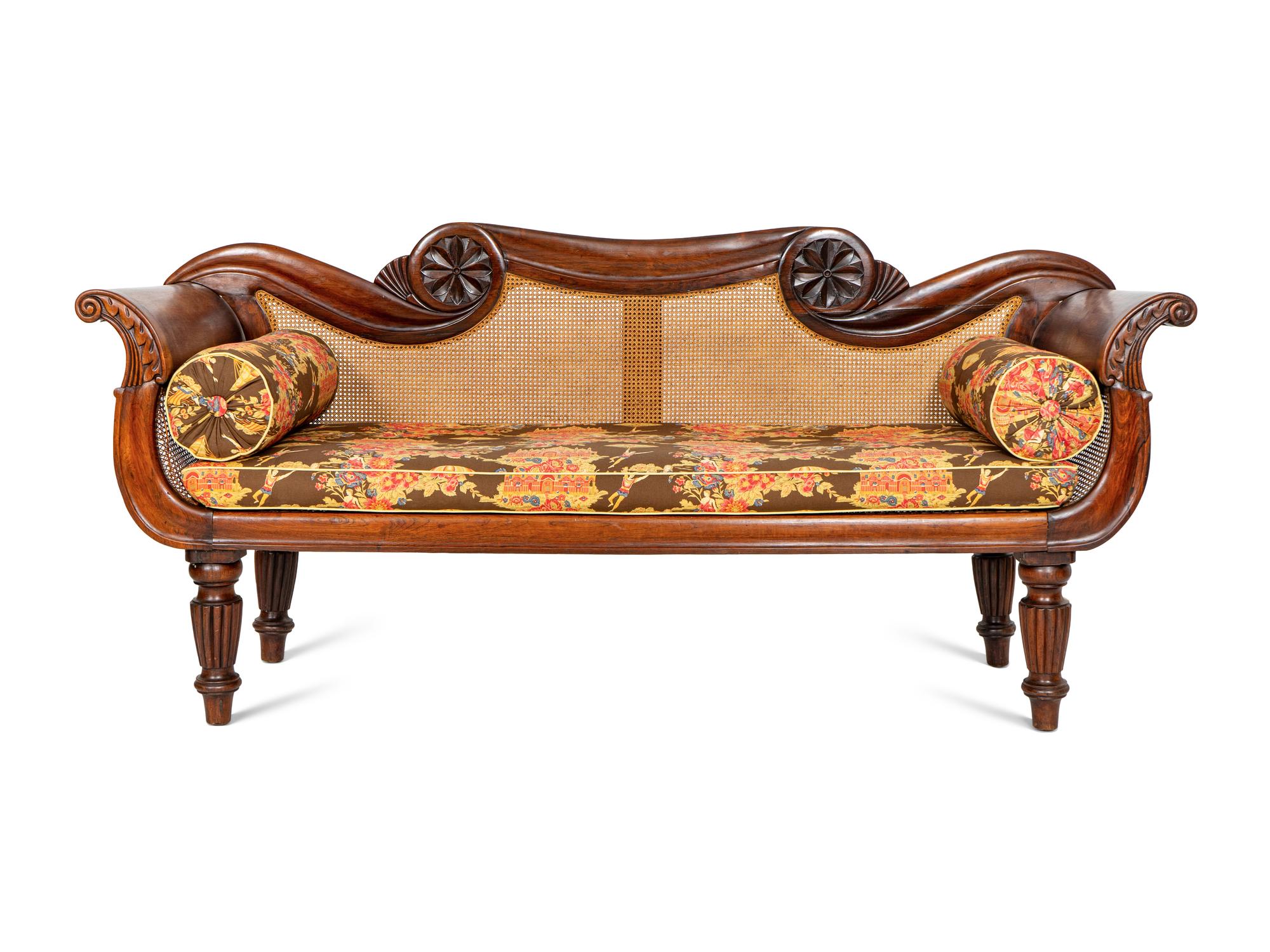 An Anglo-Colonial Carved and Caned Rosewood Settee