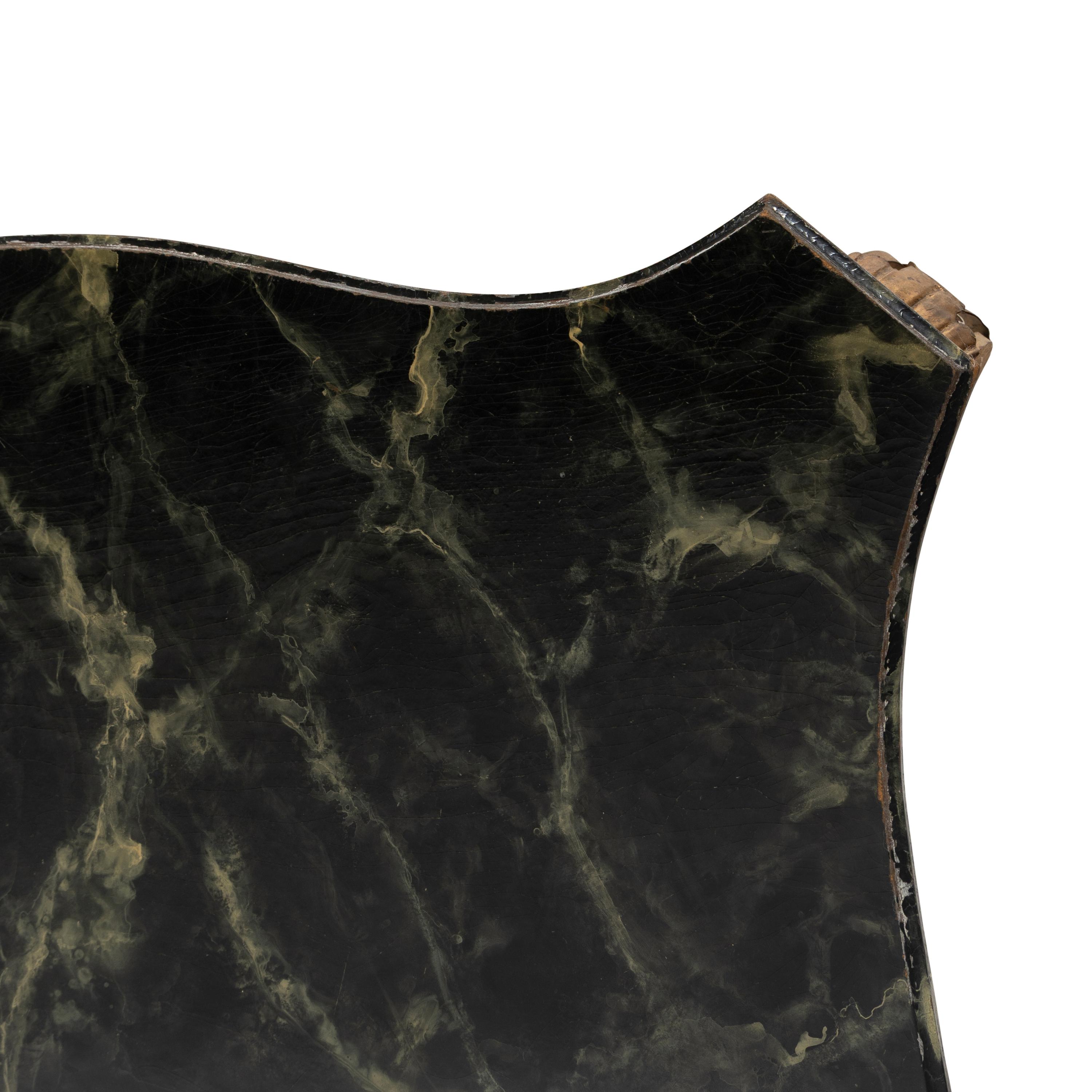 A Pair of Gilt Iron and Faux Marble-Top Console Tables