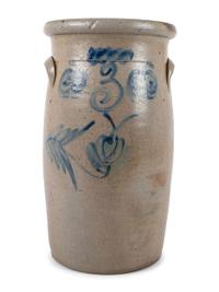 A Three-Gallon Stoneware Crock with Freehand Cobalt Apples