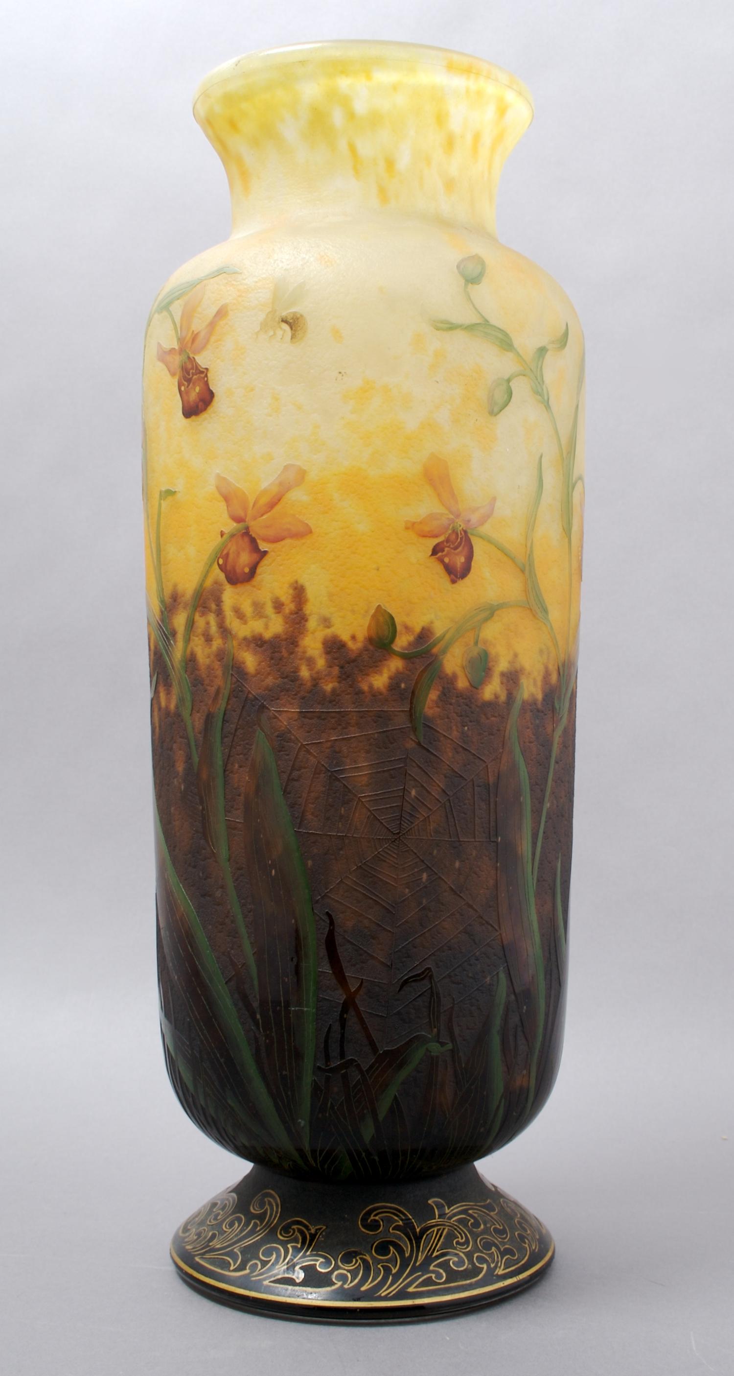 A Daum Enameled and Cameo Glass Vase, Height 16 3/4 inches.