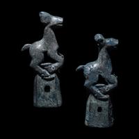 Two Eurasian Tinned Bronze Finials with Frolicking Does