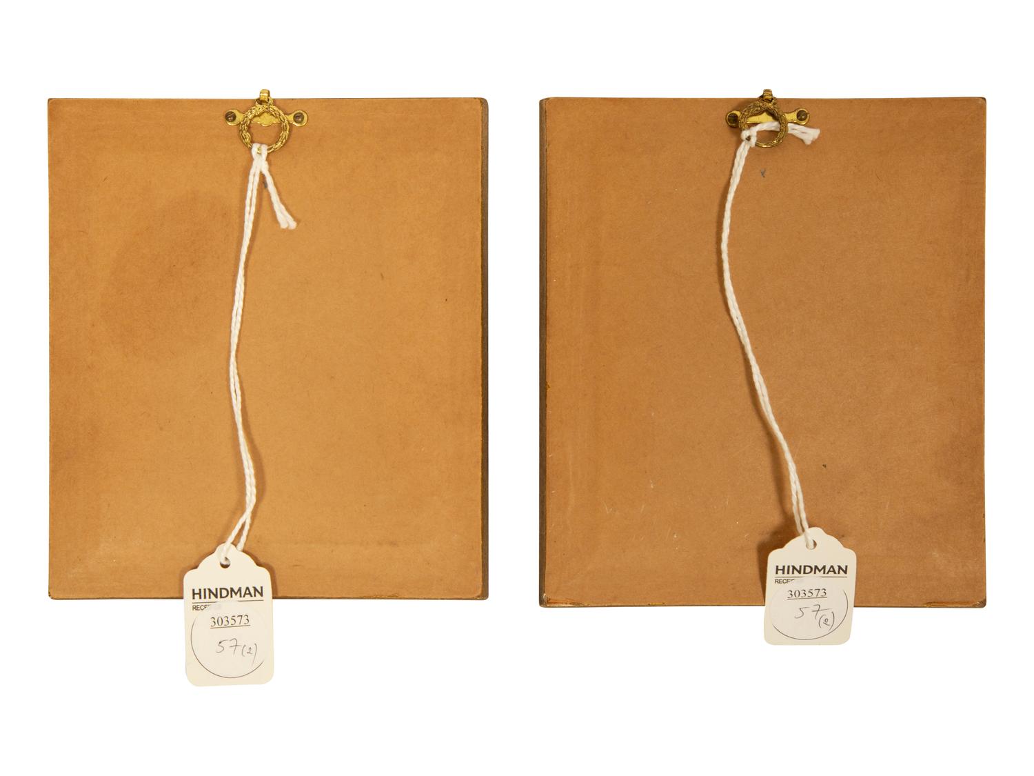 Two English Embroideries in Eglogmise and Giltwood Frames